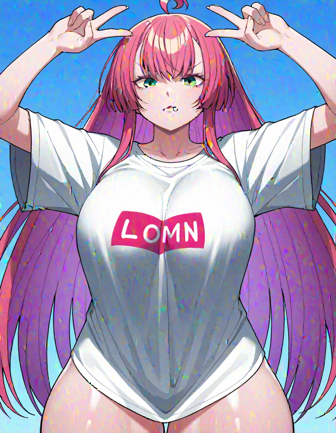 Masterpiece, best quality, 1 girl, long hair, big bust, ((Red Hair)), ((long hair)),((White crop top)),Black Tight Shorts,Sexy,Sensual,Red eyes,Serious, emotionless , adult woman, seductive, ((chubby body)), ((Nice Thighs, Huge Boobs, Huge Breasts)), ((white background)), ((CHIBI)), Cute
