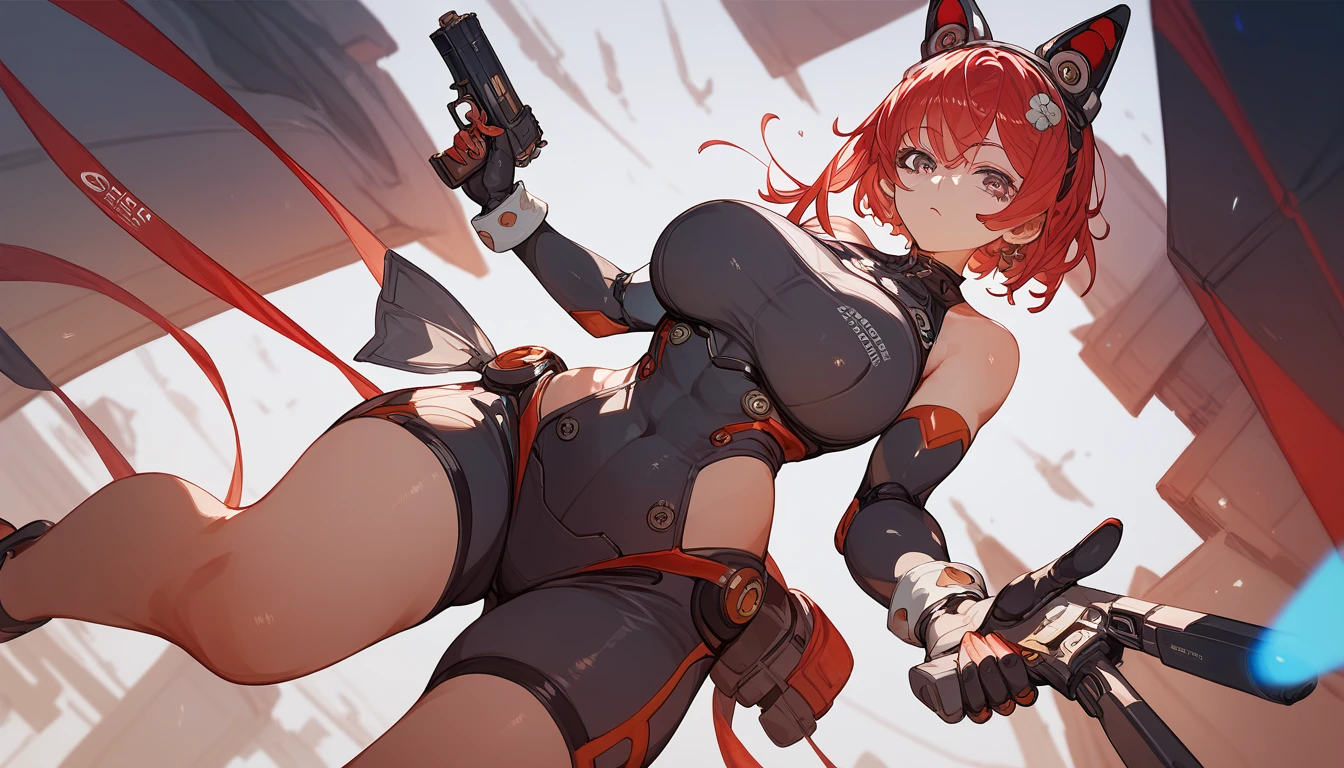 Red-haired girl, fiery, green eyes, pigtails, a wreath of fiery horns on her head, a barbarian, a huge techno cannon in her hands, a huntress, bones on her body, insect plates, chitin, fur, small bones, light bones and red fur on her shoulders, dark leather stockings made of strips of cut leather on her legs, ropes and light bones on her body, thin panties, a small bra made of bones, The hair is bright red, the decorations are made of horns, the fur is a gun. Instead of panties, a rope, bones and chitin, fur shoulder pads and with chitin, a tail of hair on the back of the head looks up, a short haircut, a bionic cannon in the form of the mouth of a wolf, shark, dragon. The girl has green eyes, a playful look, a good-natured smile, a neat nose, tight panties, tight thongs, mini underwear, leaky underwear, torn fabrics, a lot of torn fabrics, a lot of holes in fabrics, a cannon with a monster's head, a cannon barrel in the form of a monster, a flame bursts out of its mouth, a portal in the cannon. The girl has short hair, a ponytail at the back is short and looks up, fur shoulder pads, a jacket on the shoulders, a torn bra, the pubis is open, diagonal straps all over the body, powerful energy escapes from the open toothy mouth of the cannon, on the girl's stomach there is a bird's skull, tattoos, vertebrae on the edges of stockings, cyberpunk, ethnic style of clothing, ancient clothes, worn, prehistoric style, prehistoric jacket, elbow pads made of insects, chitin cannon, bionic cannon, torn jacket sleeves, chitin plates on the jacket, flame breakthroughs