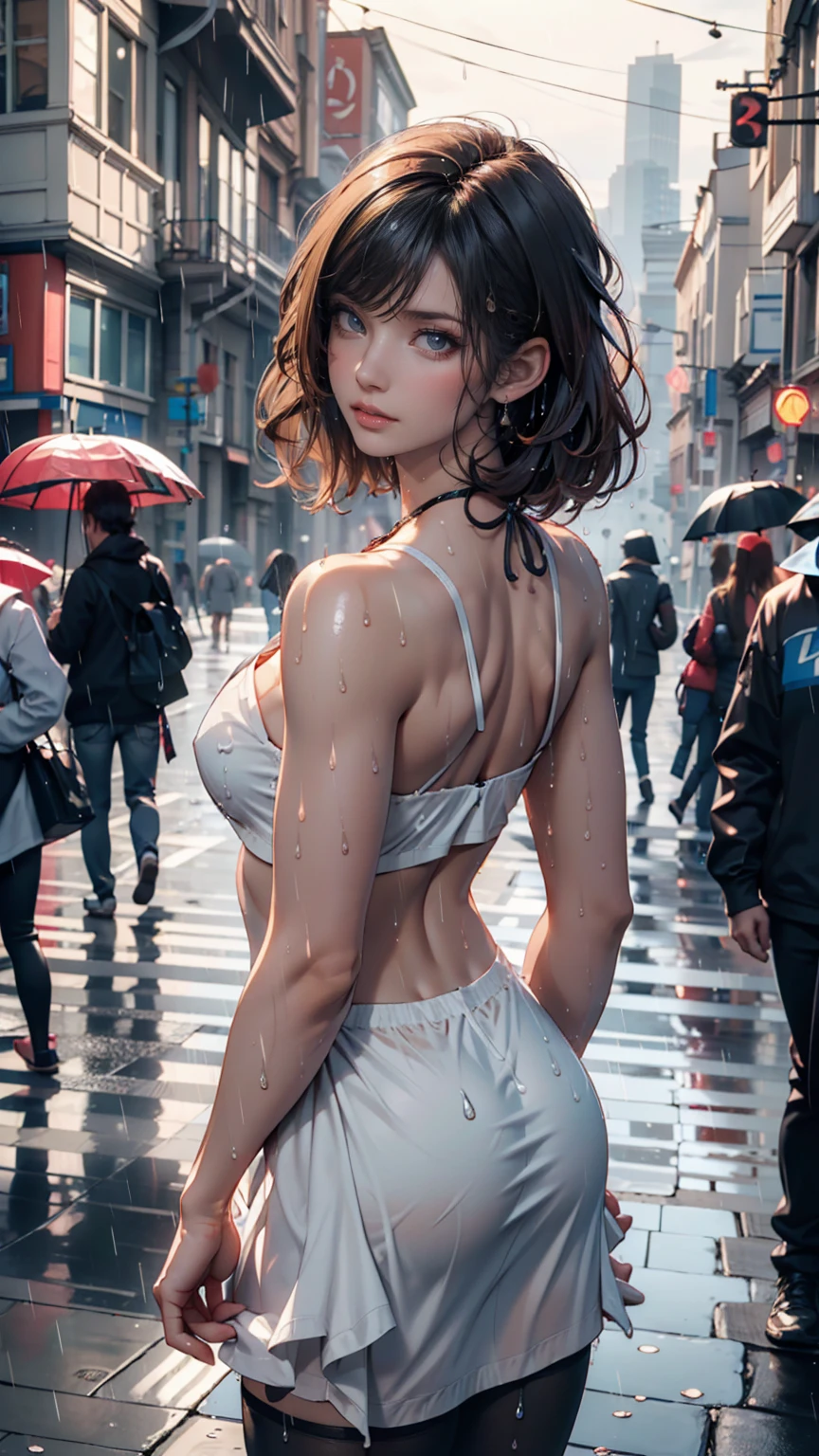 ((top-quality、8k、masterpiece:1.3))、focus:1.2、perfectbodybeauty:1.4、s ass:1.2、((Layered Haircut、flat-chest:1.2))、(rain、street:1.3)、Bandeau Dress:1.1、Highly detailed facial and skin texture、Narrow-eyed、二重まぶた、Blue muscle、length hair、silber hair、(silently:1.3)、full bodyesbian、abdominals、huge tit