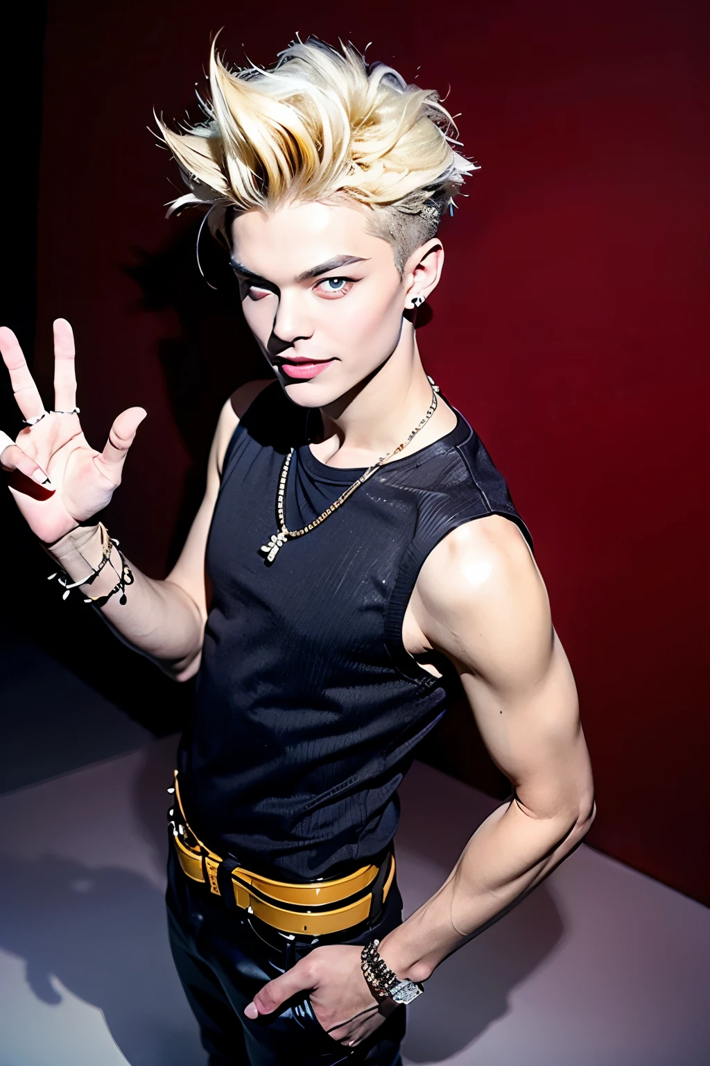 短いspiked髪((Spiked hair dyed half red and half yellow))Men have long, slender eyes((Big red eyes with strong angles))top idol smiling man、Smooth, healthy skin、Thin chin and cheeks、Luxurious Necklaces、 gorgeous earrings、luxurious bangle、Luxury belt、Man is a 27 year old top model、Spiked hair dyed half red and half yellow、short spiked hair dyed yellow and half red、from above、 look at viewer((Precise five fingers and palm))red short spiked hair、model pose(Luxurious Patterned Tank Top and Brown Leather Trousers)raise one hand up and show your palm、standing with a smile