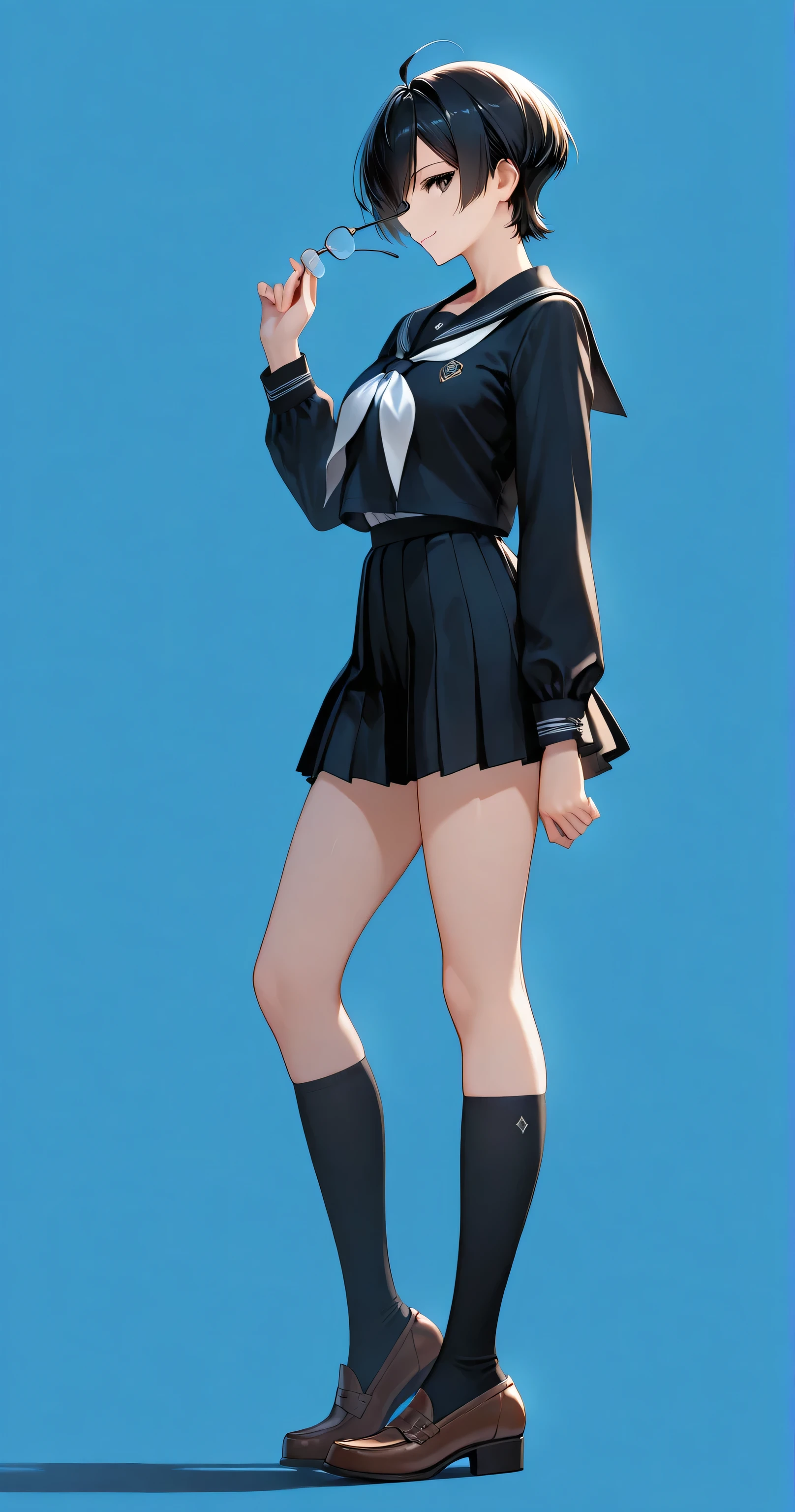 Beauty all over the body，Sailor suit ，leather shoes，Stand head-on，a skirt，greybackground