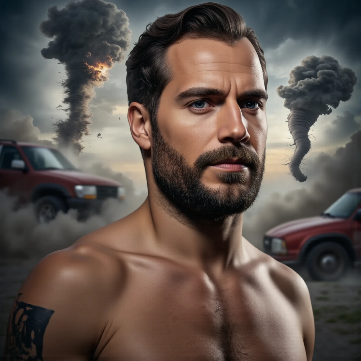 masterpiece, best quality, high resolution, closeup portrait, male focus, solo focus, A man, 50 years old, with firefighter uniform, firefighter suit, firefighter, silver grey hair, messy hairstyle, cute and seductive face, bare chest, body hair, facial hair, roman nose, scruffy, hairy abs, skinny body, hairy legs, dimples, beard, bold jawline , in the background a fire station, view from below, amazing composition, front view, HDR, ultra quality, elegant, highly detailed