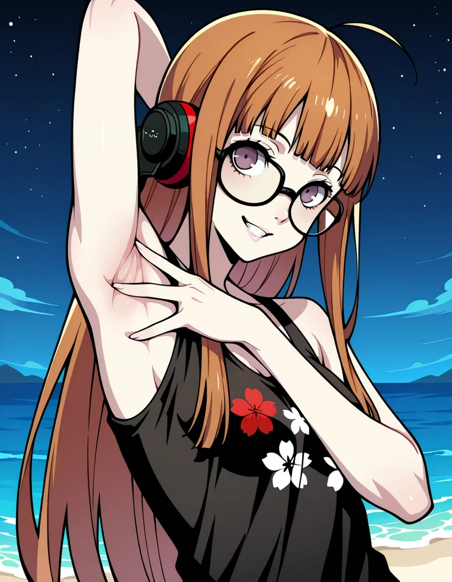 p5futaba, sakura futaba, long hair, glasses, blunt bangs, orange hair, ahoge
p5futaba-summer, behind-the-head headphones, black tank top, bare shoulders, shiny skin, high quality, solo, upper body, (contrapposto), spread armpit, presenting armpit, hand behind head, closed mouth, night sky, beach, looking at viewer, grin, best quality