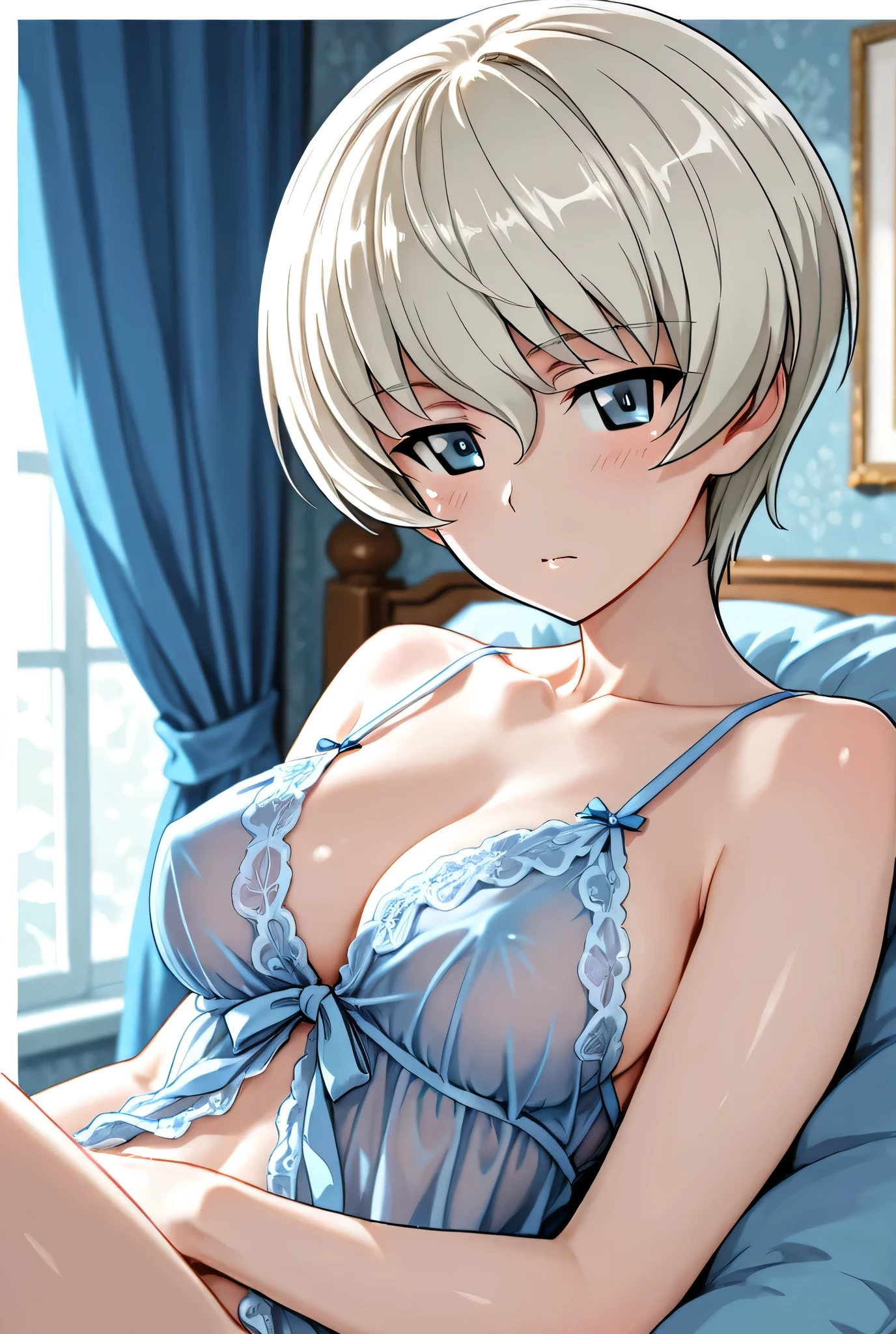 Night Time, One girl, Gray Hair, Blue eyes, Lips parted, blush, Medium chest, smile, garter belt, Hotel, Clear skin, Ecstatic expression, Thighs, Bare clavicle, (masterpiece), wallpaper,high resolution,Bed with a night view,A light smile,Intricate details, beautiful, sexy, erotic, Obscene,