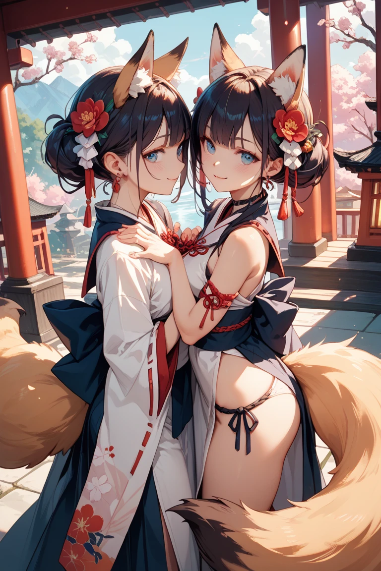 (masterpiece), best quality, expressive eyes, perfect face, fox girl with a ((fluffy tail)), under a cherry blossom tree, colorful body-tight summer dress, red and detailed eyes, cleavage, perfect view angle, portrait effect, exotic body type, expressive tattoos on arm, delicate lighting and shadows