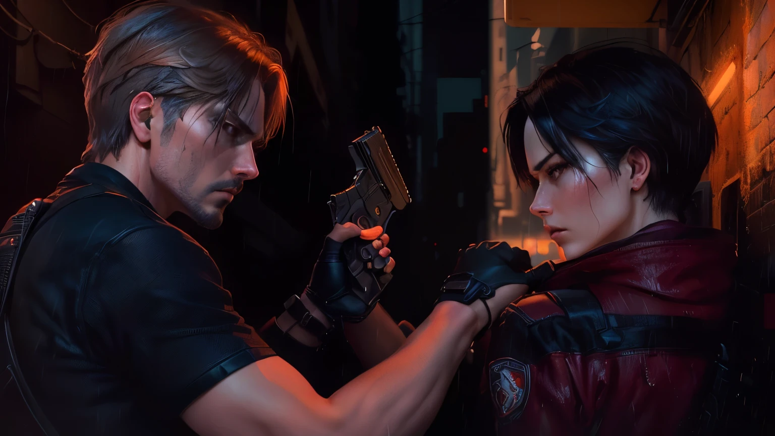 lora:leon_and_ada_dead_city_v1.0, (8k, high quality), (realistic, photo-realistic: 1.5), intense, romantic, mysterious, solo, (Leon) and (Ada Wong), both in their classic outfits, standing on the rooftop of a tall building in the Dead City, moonlight shining brightly overhead, (intricate details) captured perfectly, their faces close, eyes locked in a passionate gaze, (Leon's arms wrapped tightly around Ada's waist), (Ada's hands resting gently on Leon's chest), (the sound of wind howling in the background), (a hint of danger lingers in the air), bokeh lights, cinematic lighting, (TLOU style), (high attention to detail).