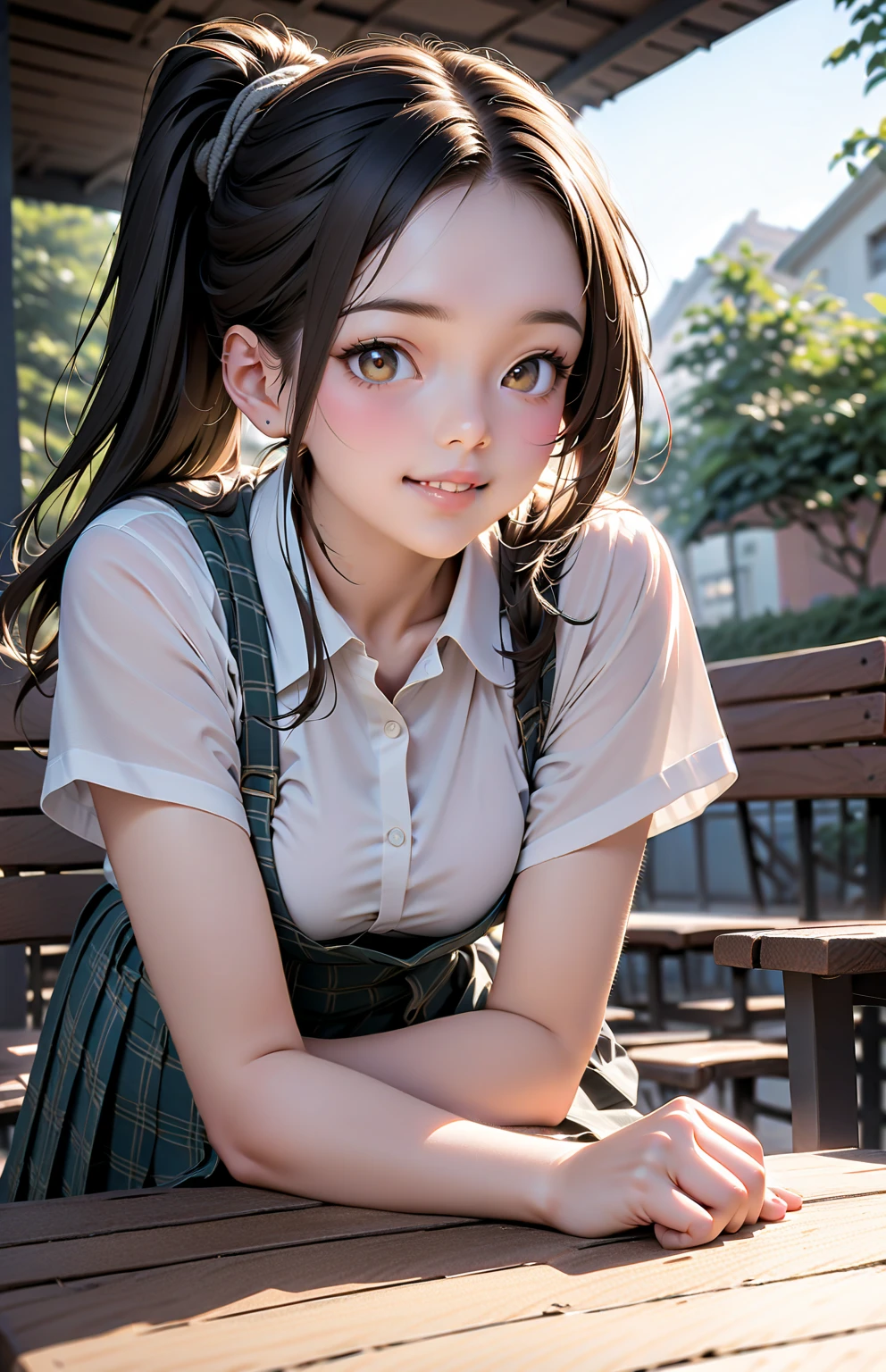 ph momo, momohd, phmomo, solo, 1girl, pink hair, purple eyes, short hair, hair flower, sweater vest, ,(yellow sweater:1.2), big eyes, plaid skirt, black thighhighs, (masterpiece:1.6, best quality), (finely detailed beautiful eyes: 1.2), ultra-detailed, illustration,beautiful detailed eyes, (yandere:1.4), (empty eyes), backlighting, looking at viewer, blush, smile, (masterpiece, finely detailed beautiful eyes: 1.2), detailed eyes, hyper detailed,light smile, highly detailed, beautiful, small details, ultra detailed, best quality, intricate, hyperrealism, sharp, digital illustration, detailed, realism, intricate, 4k, 8k, trending on artstation, good anatomy, beautiful lighting, award-winning, photorealistic, realistic shadows, realistic lighting, beautiful lighting, raytracing, intricate details, moody, rule of thirds, masterpiece, (illustration:1.1), highres, (extremely detailed CG, unity, 8k wallpaper:1.1), beautiful face, highly detailed face, ultra realistic, masterpiece, bokeh, extremely detailed, intricate, zoomout, colorful, vibrant colors, red nail polish, side view,standing,whole body,green skirt, plaid, plaid skirt, sainan high , , skirt, sweater vest,