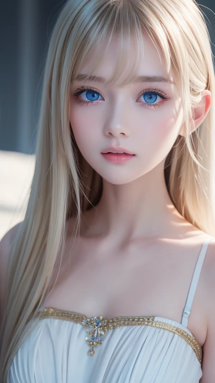 one person１８Beautiful woman of age、Moisturizing and beautiful eyes、ciri、picture、oval jaw、delicate features、beautiful expression、beautiful blonde hair、long bangs、long ponytail、Blue eyes with a beautiful glow、LDS Art
