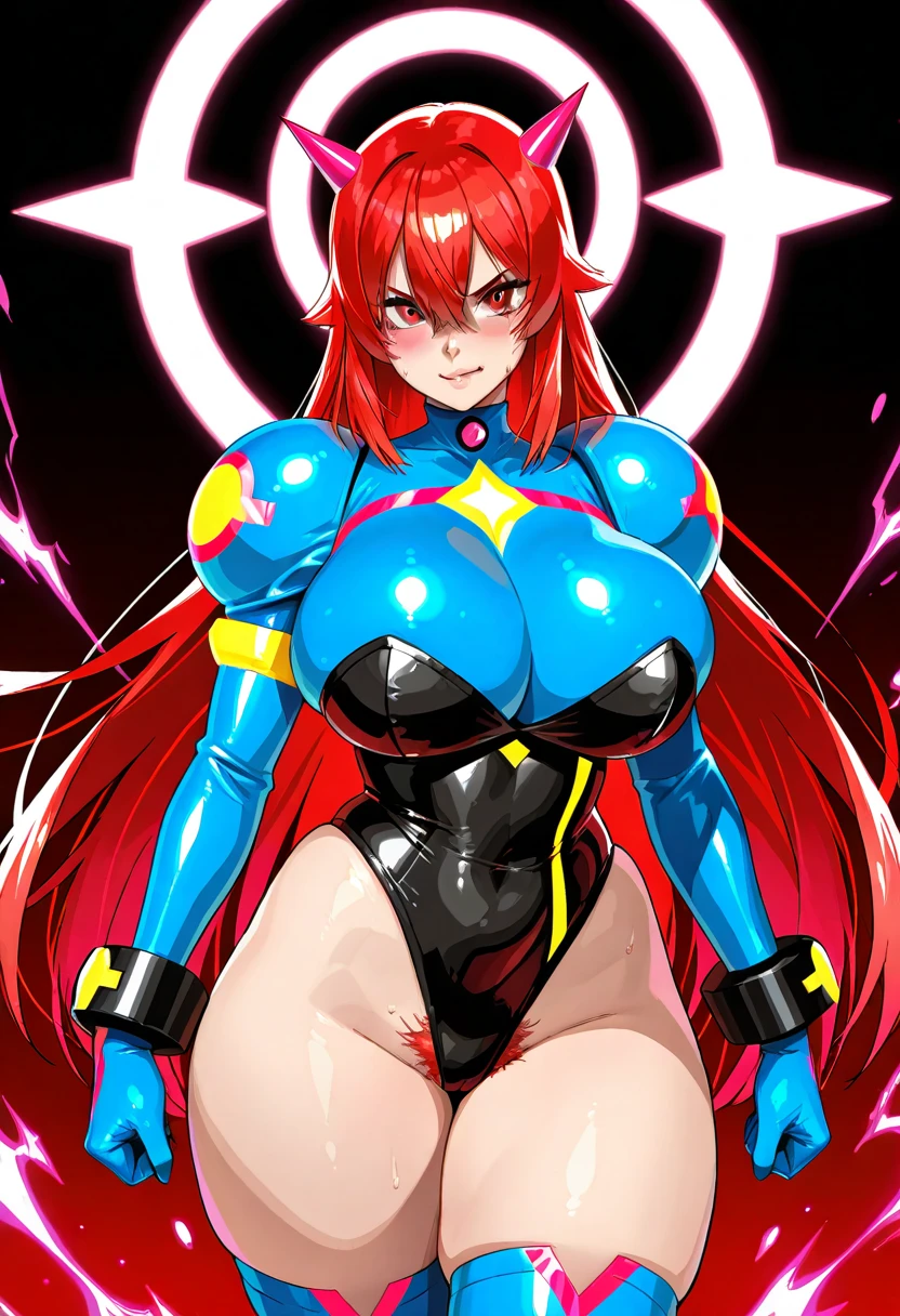 leotard, calm facial exprecion, blue hair, red eye, leotard, big shoulders, sleeves, medium breast, boots, long hair, skirt, smile, half lips stic inferion lip, red lipstic, long hair, messy hair, smile, ong hair, standing solo, full body, boots,, body suit, mini skirt