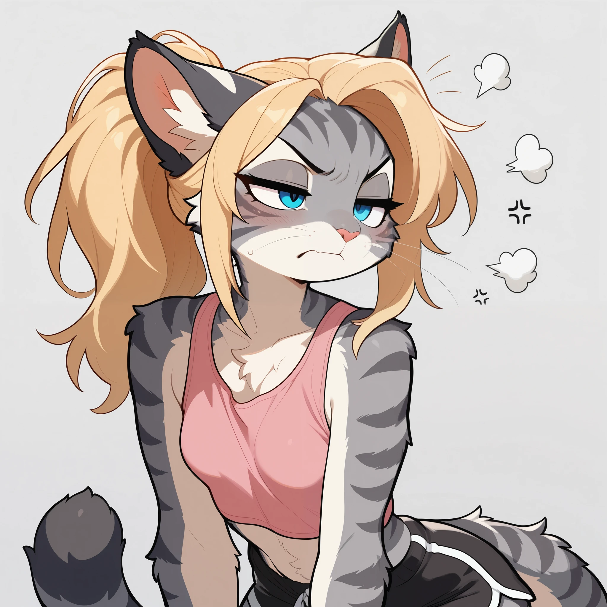 masterpiece, best quality, amazing quality, high resolution, absurdres, newest, furry, anthro, countershading, solo, katxl, Anthro furry feline, blue eyes, grey striped fur, blonde ponytail, spikey hair, slender body, pink nose, whiskers, small breasts, striped cat tail, three quarters shot, looking ahead, , wearing pink crop top, annoyed, pinching gesture, black shorts, upper body shot,gradient grey background