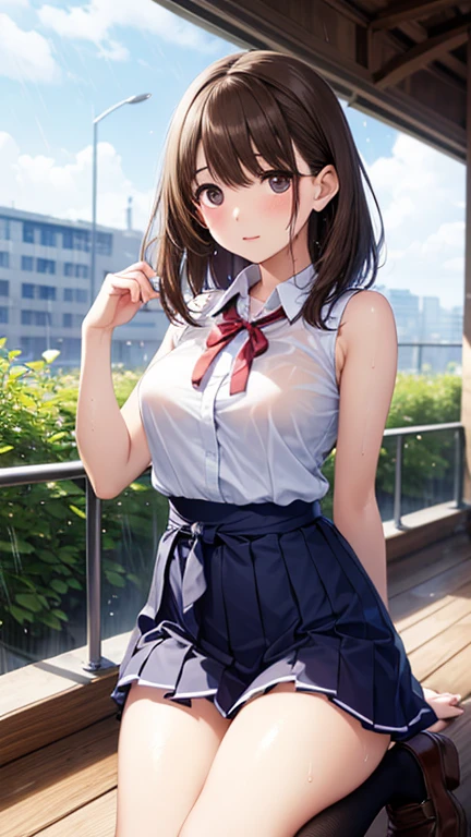 (masterpiece:1.2, top-quality), (realistic, photorealistic:1.4), beautiful illustration, (natural side lighting, movie lighting), nsfw,
beautiful detailed hair, beautiful detailed face, beautiful detailed eyes, beautiful clavicle, beautiful body, beautiful chest, beautiful thigh, beautiful legs, beautiful hands,
looking at viewer, 1 girl, japanese, high school girl, perfect face, cute and symmetrical face, shiny skin,
(short hair, pixie straight hair, brown hair), forehead, gray eyes, slant eyes, big eyes, long eye lasher, (large breasts), (small ass, thin thighs), slender, outstanding style,
(detailed cloth texture, short sleeve white collared shirt, navy school vest, navy pleated skirt, navy bow tie), earrings, necklace,
(beautiful scenery), amusement park, go-round, ferris wheel, (squatting, crouching, hands on chest, skirt hold), (seductive smile, upper eyes, parted lips),