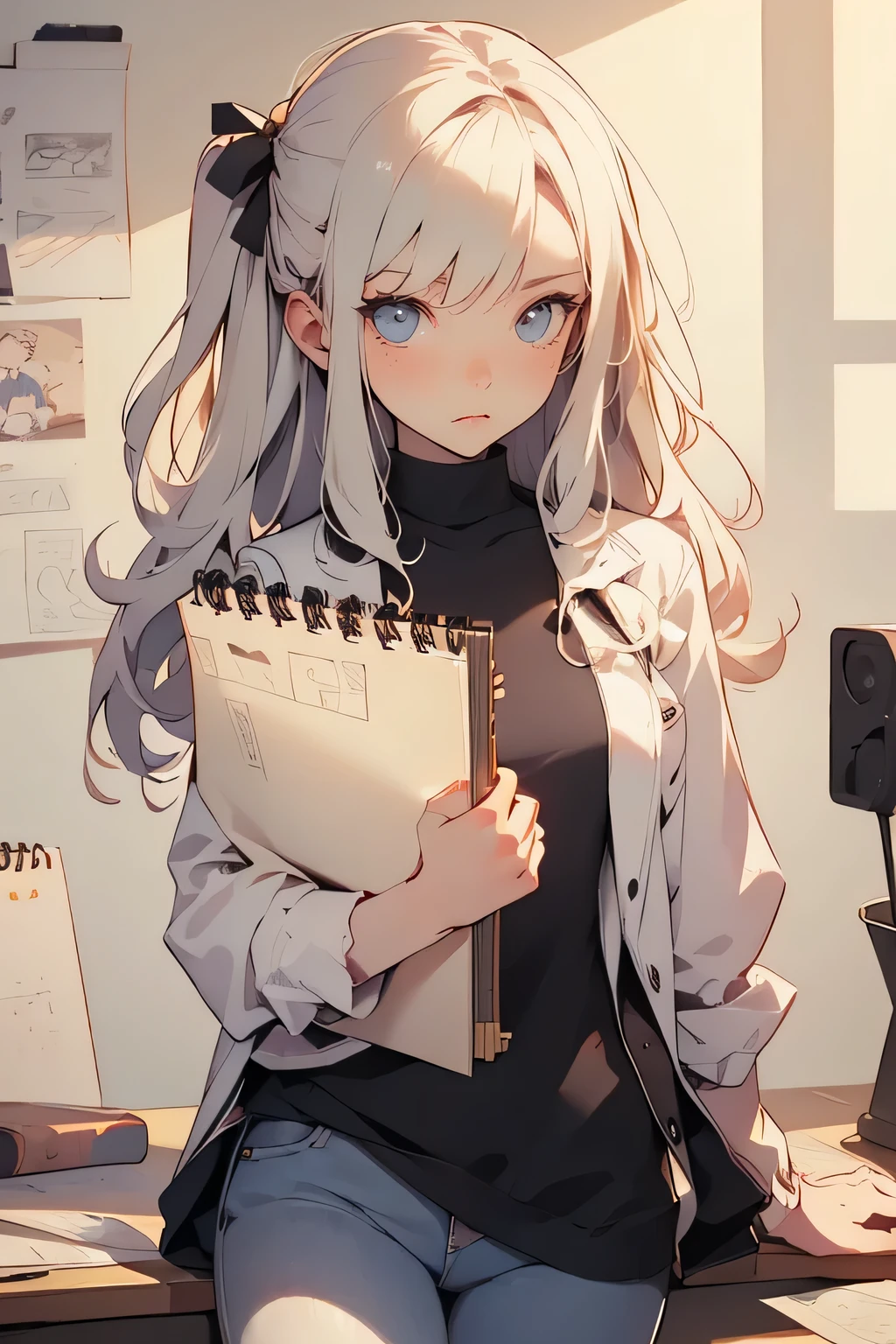 a realistic spiral sketchbook placed on a wooden desk, a pencil and eraser lying nearby, an anime-style girl beautifully drawn on the sketchbook, soft pencil sketch lines with clean and vibrant digital touches, slightly tilted top-down view, realistic lighting and shadows, natural cozy atmosphere, depth of field, delicate linework, subtle shading, looks like hand-drawn art freshly finished