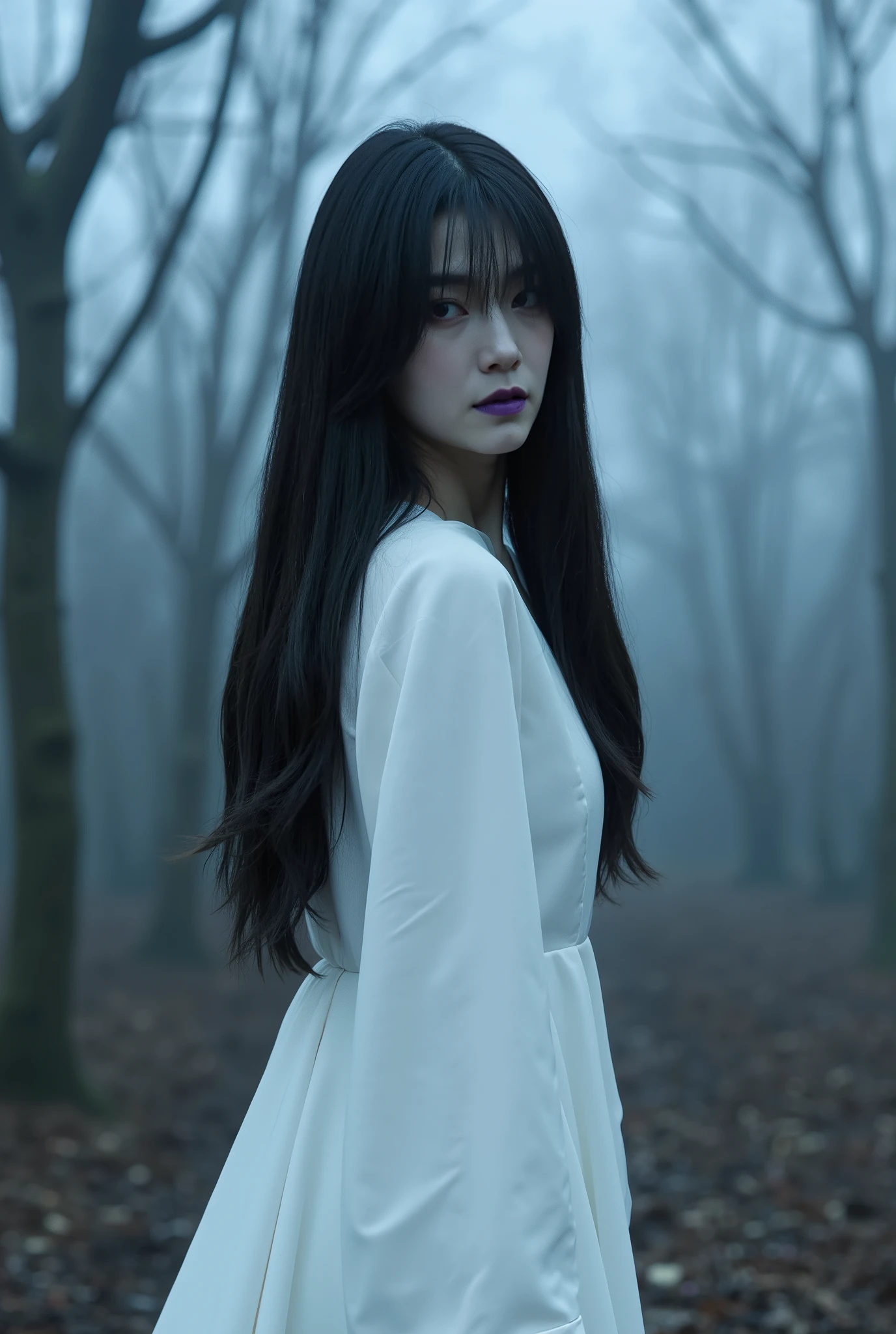 Create a hauntingly beautiful portrait of a Japanese actress on a horror movie set. She has ghostly white skin and deep purple lips, exuding an eerie presence. Her long, disheveled black hair obscures part of her face, enhancing her terrifying appearance. She wears a flowing pure white dress that contrasts with the desolate, withered forest background shrouded in thick mist.