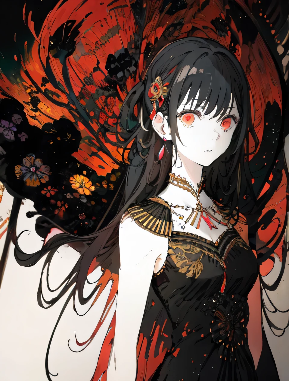 woman, dark background, intricate, colorful dress