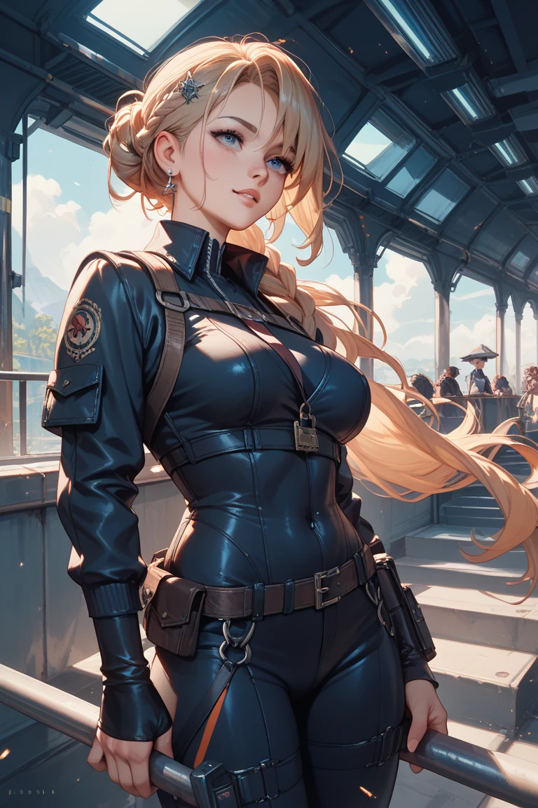 a beautiful woman, (similar to) Lili Berthillier, posing in (a dynamic pose) as a World War II diesel punk army officer, wearing a black leather uniform with visible cleavage, and a leather military cap, reference photo, best quality, high quality, (detailed face and eyes), sunset lighting, heavy makeup, industrial, outdoor snow forest background