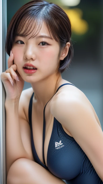 (masterpiece:1.2), Very detailed, Ultra-high resolution, (Realistic, photo Realistic:1.6), High-resolution RAW color photos, Professional photos, Dramatic lighting, 映画のFunctionalなシーン、Sharp focus:1.2, (Very detailed顔と肌の質感, Very beautiful eyes, Glossのある肌, Glowing Skin, Glowing Skin, Shining Face, Gloss, Oily skin, greasy face, Oily skin, greasy face, 強いGloss), Perfect Anatomy, Very detailed背景, 1 female, 25-year-old woman, Japanese women,Height: 168cm, (Short Bob Hair, Straight hair, bangs:1.3, Brown Hair), (Lean), (Flat Chest:1.7),((Small Ass:1.5)),(Thighs),((Thin legs)),(shower room),Functional,Glowing Skin, (((Dark navy strapless one-piece swimsuit、Thong Japanese school swimsuit))),(((Undressing,Upper body naked:1.5))),Wet swimsuit,(real Glossのある肌 texture), White skin,(((Browsing Caution))),Earrings,Top view,Seeking sexual activity,Invite to sex,Look to the side,((Leaning forward、Stick your ass out、Leaning against a wall)),(From behind)