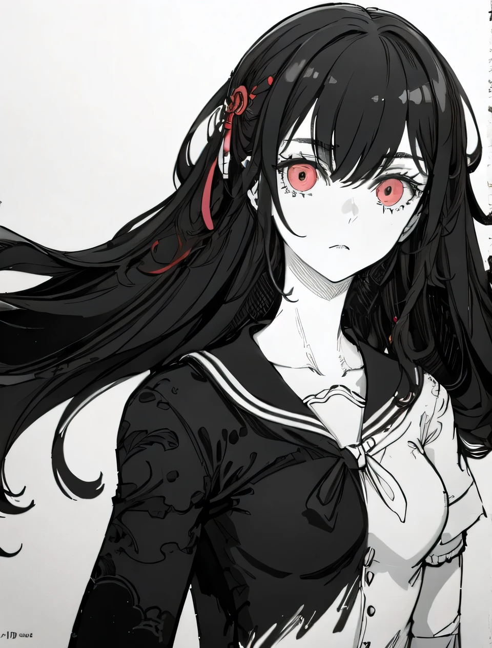 Black and white color scheme, highly detailed, ultra-quality, monochrome illustration. A single girl (1girl) with long, half-black and half-white mixed hair. Precise black and white hair division with natural blending. Odd eyes: left eye is pure white, right eye is deep black. Emotionless, calm expression. The entire character design follows a black and white contrast theme. She is in a white room with a pure white background, enhancing the striking monochrome aesthetic. The composition emphasizes elegance and balance between black and white elements, ensuring a refined and visually compelling artwork