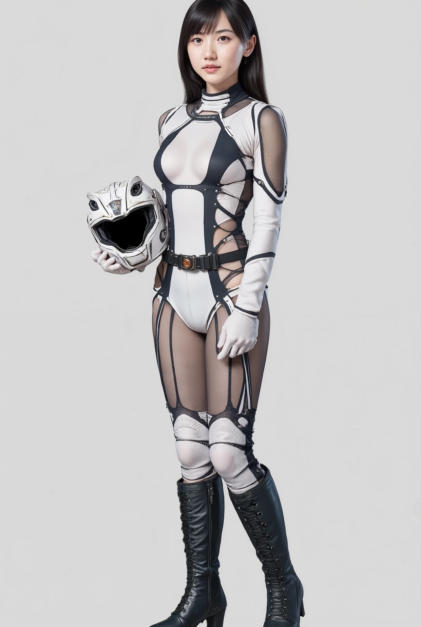one girl,realistic, sharp concentration, ultra realistic photo, high resolution, alone, full body photo, realistic ((Power Rangers pink)) Costume. tight bodysuit for combat, ((Power Rangers )). holding a helmet next to the body. A BEAUTIFUL YOUNG WOMAN, European Russian young women holding helmets next to their bodies、white gloves. Black Shouldered Hair 、small breasts. Standing position from head to knee .  side view from the front . half Side pose. Back pose. Side pose. full body view. boots. (Power Rangers )、chest opened