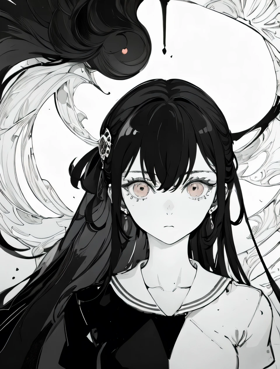 Black and white color scheme, highly detailed, ultra-quality, monochrome illustration. A single girl (1girl) with long, half-black and half-white mixed hair. Precise black and white hair division with natural blending. Odd eyes: left eye is pure white, right eye is deep black. Emotionless, calm expression. The entire character design follows a black and white contrast theme. She is in a white room with a pure white background, enhancing the striking monochrome aesthetic. The composition emphasizes elegance and balance between black and white elements, ensuring a refined and visually compelling artwork
