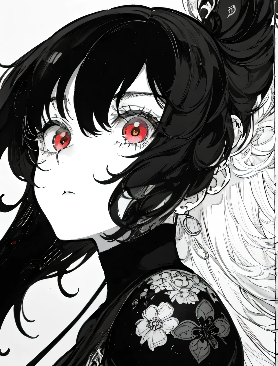 Black and white color scheme, highly detailed, ultra-quality, monochrome illustration. A single girl (1girl) with long, half-black and half-white mixed hair. Precise black and white hair division with natural blending. Odd eyes: left eye is pure white, right eye is deep black. Emotionless, calm expression. The entire character design follows a black and white contrast theme. She is in a white room with a pure white background, enhancing the striking monochrome aesthetic. The composition emphasizes elegance and balance between black and white elements, ensuring a refined and visually compelling artwork