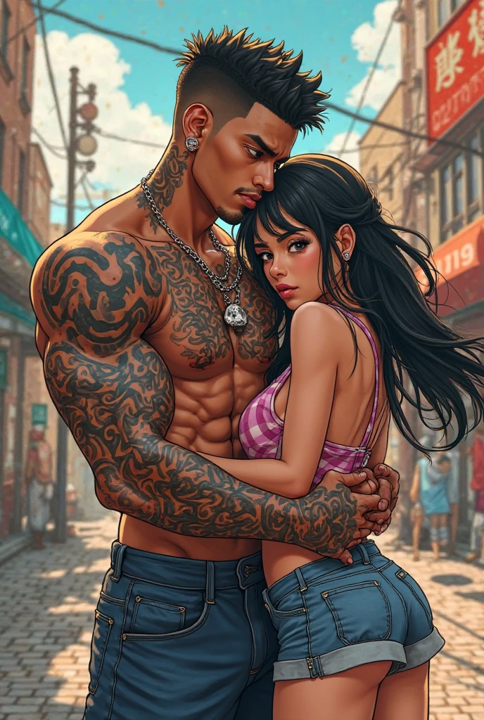 Create a photo with 2 animated characters: a black woman with braids and a white one with tattoos on his neck and ribs.