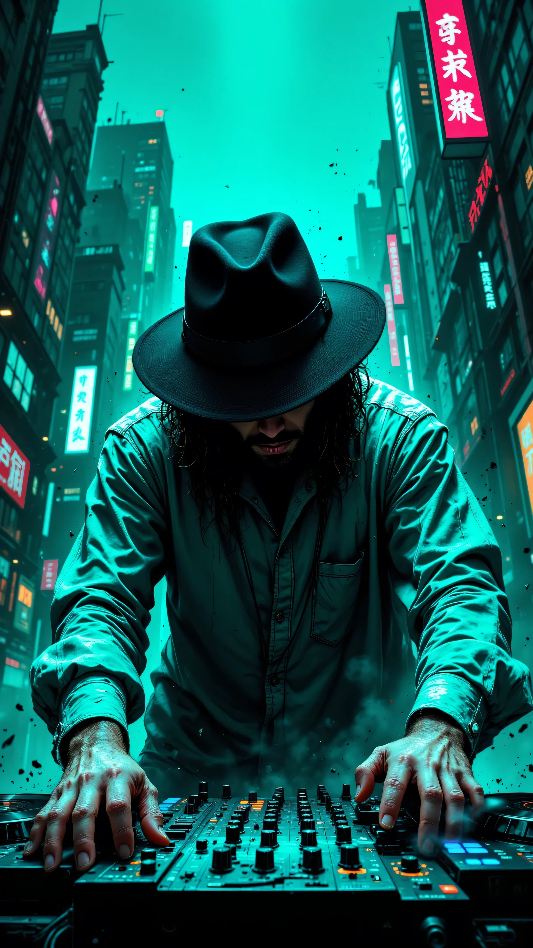 8k, Masterpiece, Top Quality, Low-angle, obscured-features, fedora, long-sleeved shirt, hands-on-mixer, dynamic pose, abstract cityscape, teal, blue, splash-paint, nighttime, energetic, gritty.