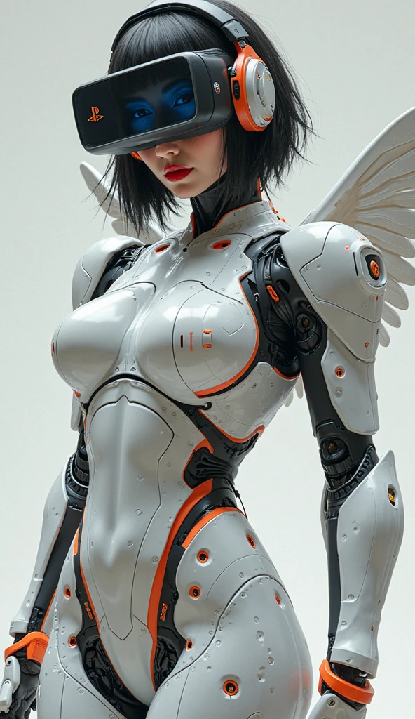 Nousr robot, complex 3d rendering very detailed beautiful angel of death, biomechanical robot, simulation, sexy, big breasts, cyberpunk. 150mm lens, beautiful natural soft edge light, large leaves and stems, roots, fine-leaf lace, colored details, samourai, Boris Bidjan Saberi clothing, pearl earrings, piercings, Art Nouveau embroidery, intricate details, mesh cable, mandelbro fractal, anatomy, facial muscles, cable wires, microchips, badass, surreal, ultra-detailed, octane rendering, volumetric lighting, 8k post-production, red and white with a touch of black, metal skeleton details, half-humanoid , rainbow colors, Glenn Brown style, white room, power of God, high angle shooting, complex body poses