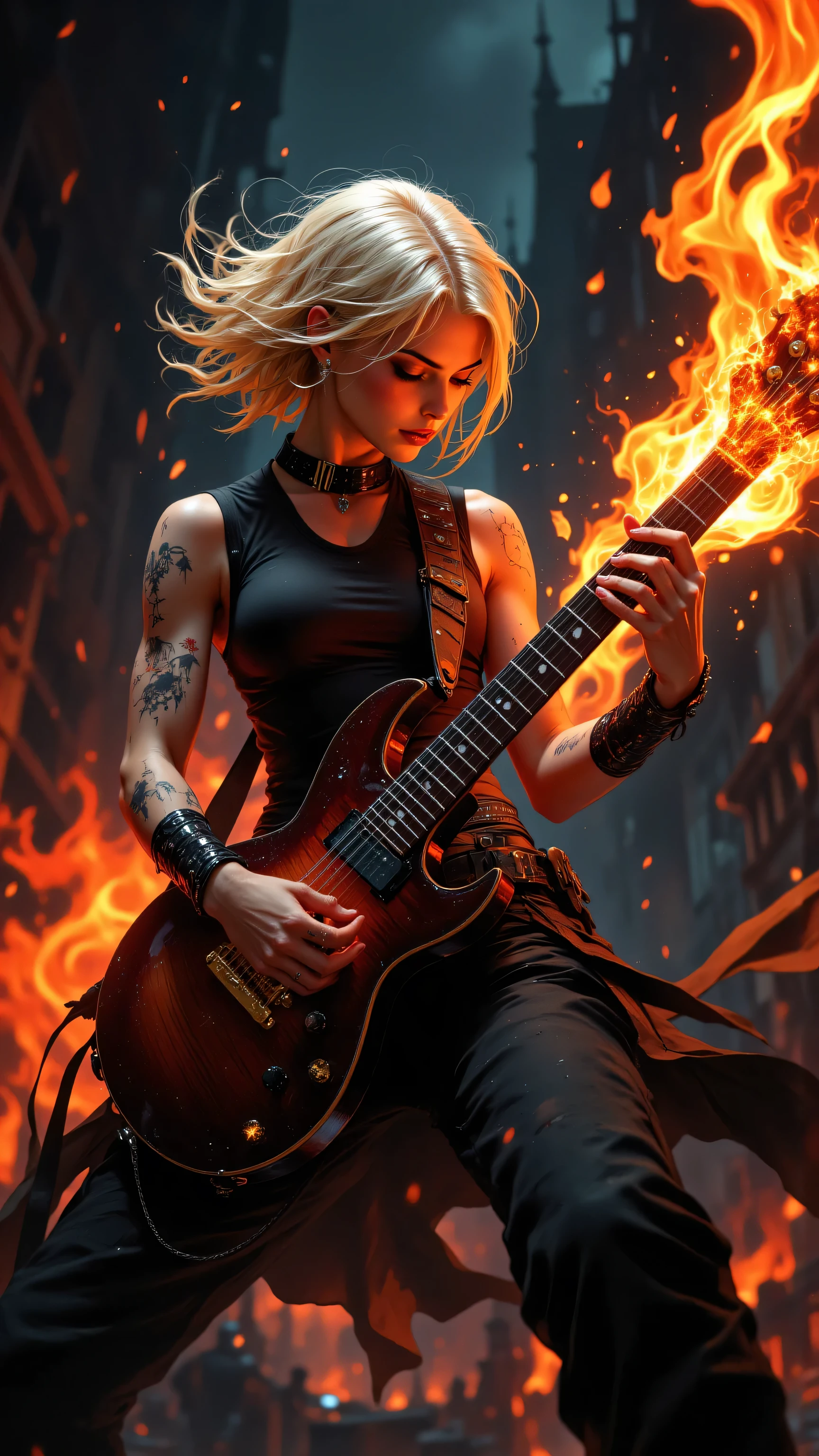 8k, Masterpiece, Top Quality, Low-angle, dynamic, pale skin, short blonde hair, dark sleeveless top, dark pants, intense pose, guitar playing, sunburst guitar, fire, flames, orange, red, dramatic, energetic, expressive.