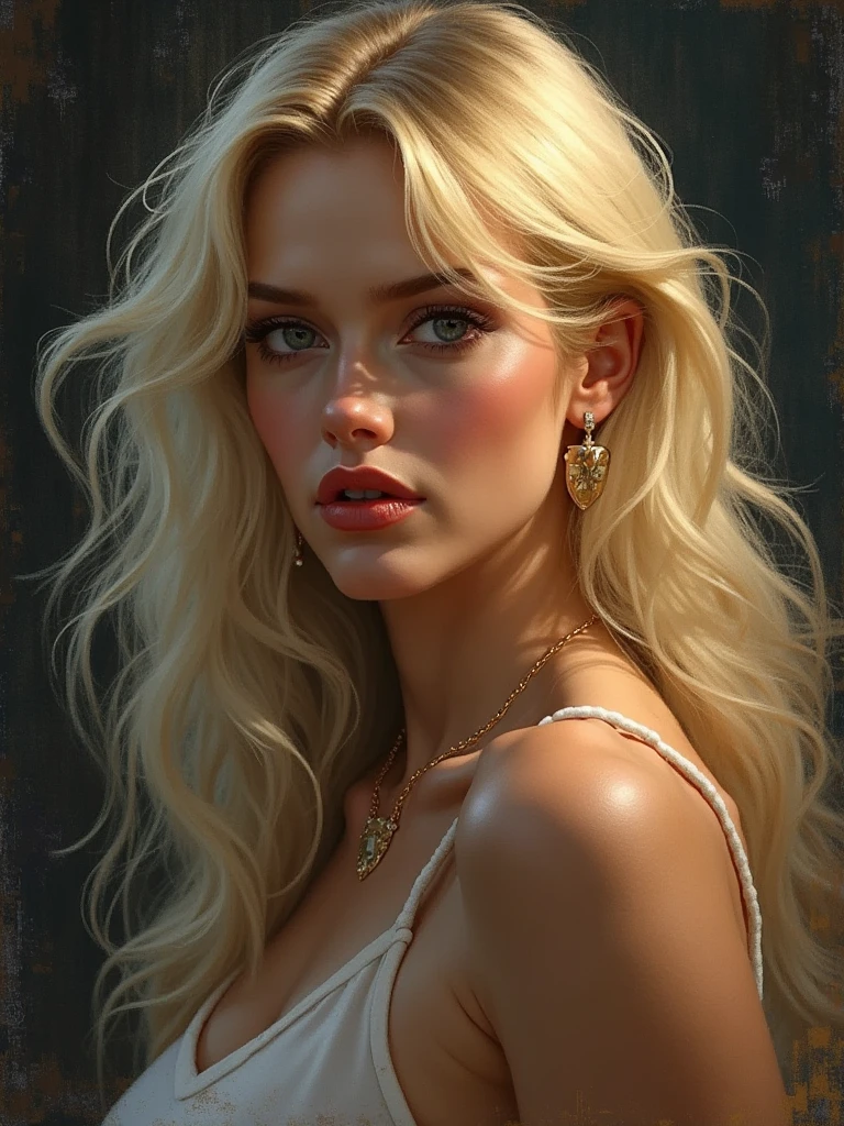 Женщинаa high resolution, looks at the viewer, blonde hair, tape, Jewelry, Very long hair, parted lips, Dutch corner, masterpiece, Best quality, a high resolution, high detail, very detailed, happiness, Multiple projection, movement lines, angle, Doji Star Diffraction, chiaroscuro, art deco, illustration, Action painting, Art Nouveau, 