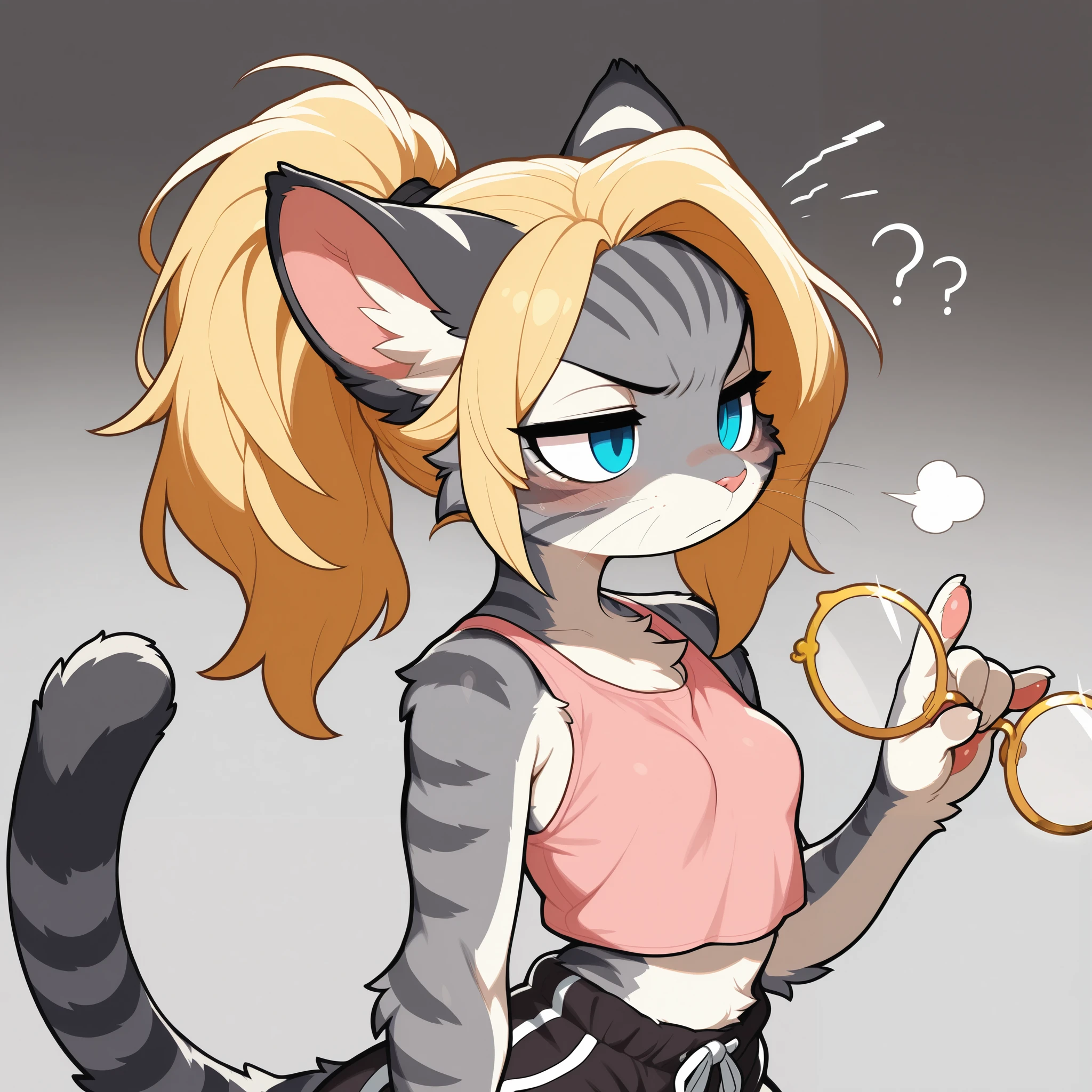 masterpiece, best quality, amazing quality, high resolution, absurdres, newest, furry, anthro, countershading, solo, katxl, Anthro furry feline, blue eyes, grey striped fur, blonde ponytail, spikey hair, slender body, pink nose, whiskers, small breasts, striped cat tail, three quarters shot, looking ahead, , wearing pink crop top, annoyed, holding big round gold glasses, black shorts, upper body shot,gradient grey background