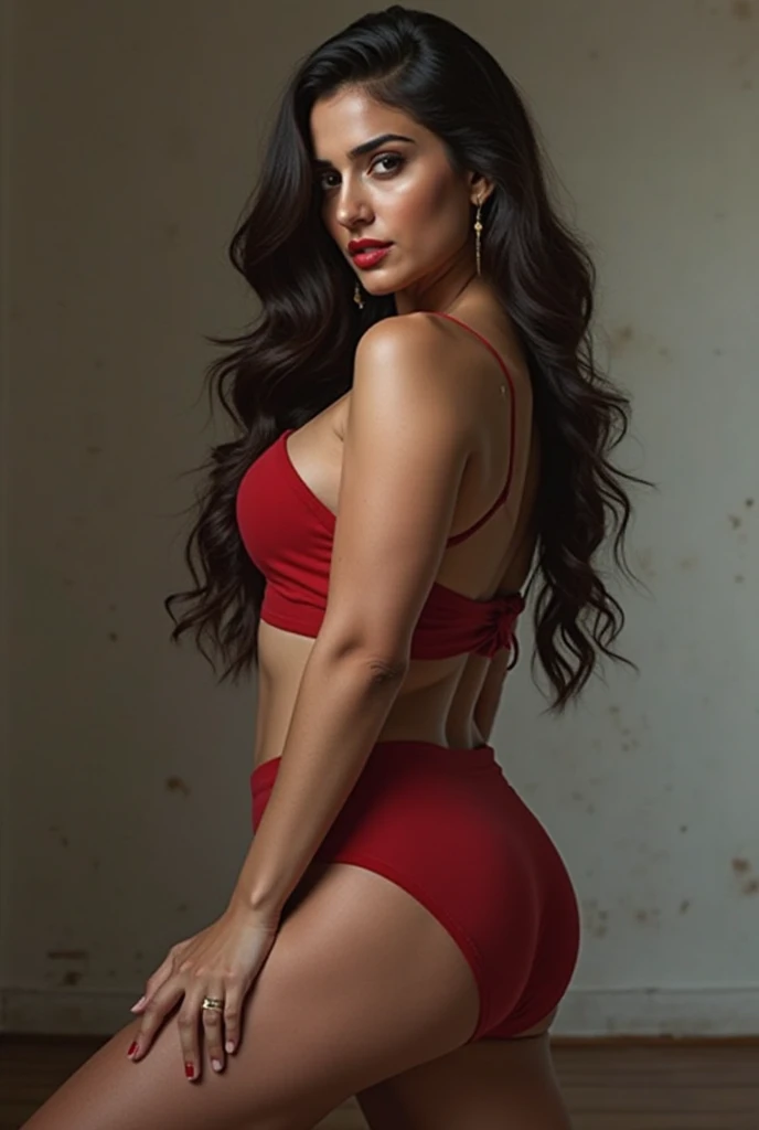Realistic Portrait: A Latin Girl With Distinct Features
(Morena beauty: 1.2, Redhead: 0.8),
Dark green eyes that sparkle with intrigue, long lashes that frame them perfectly, medium-sized nose that adds character to her graceful face, big lips that curve into a soft smile, straight teeth that shine brightly,
She sports a navel piercing that adds a subtle edge to her stunning figure,
Her body is full-figured, with big thighs that curve elegantly and a generous backside,
Long, dark red hair cascades down her back, flowing like a river of fire,
The image is taken from behind, providing a