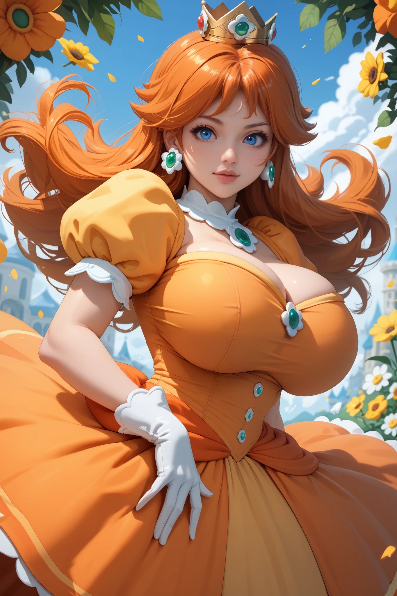 princess daisy, blue eyes, long hair, orange hair, crown, daisy, dress, flower, gem, gloves, orange dress, puffy short sleeves, puffy sleeves, short sleeves, white gloves, (huge breasts:1.4)