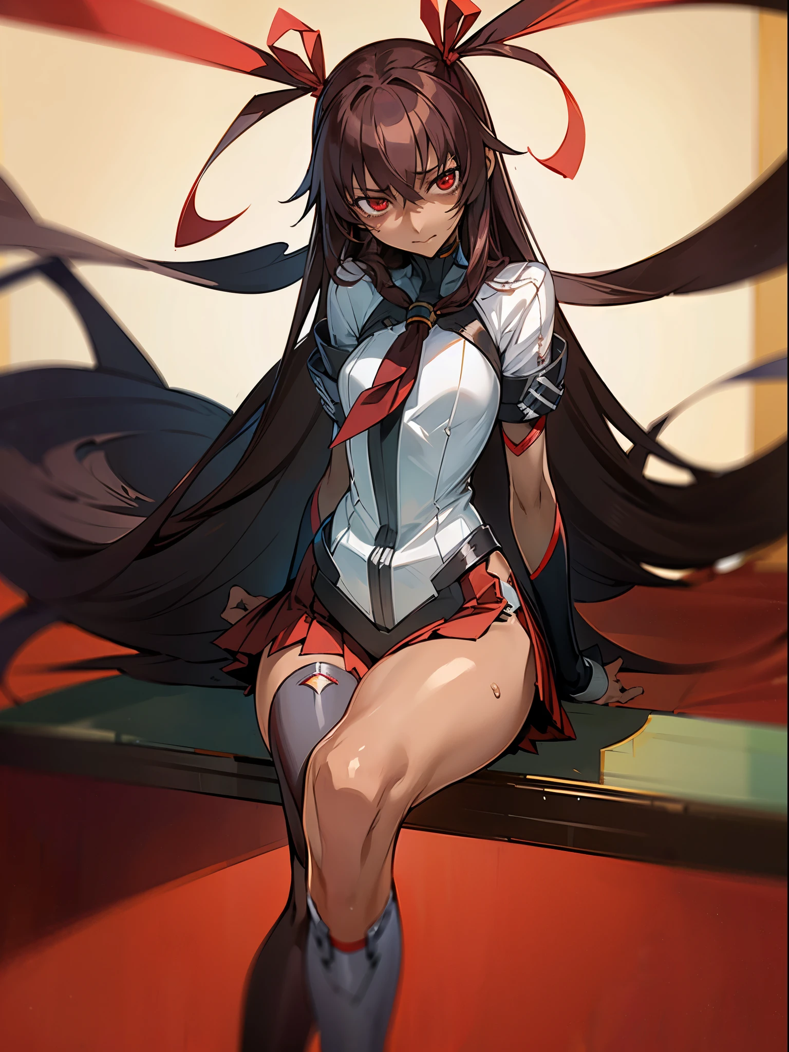 (best quality、masterpiece:1.2),   female 1 person、  yukikaze, (Brown Skin Women)  Slender Woman、(Black high leg、black knee-high), Brown Long Hair、red eyes、red ribbon、red skirt、 (( Malicious Expression 、 's vulgar smile))  Mr..々