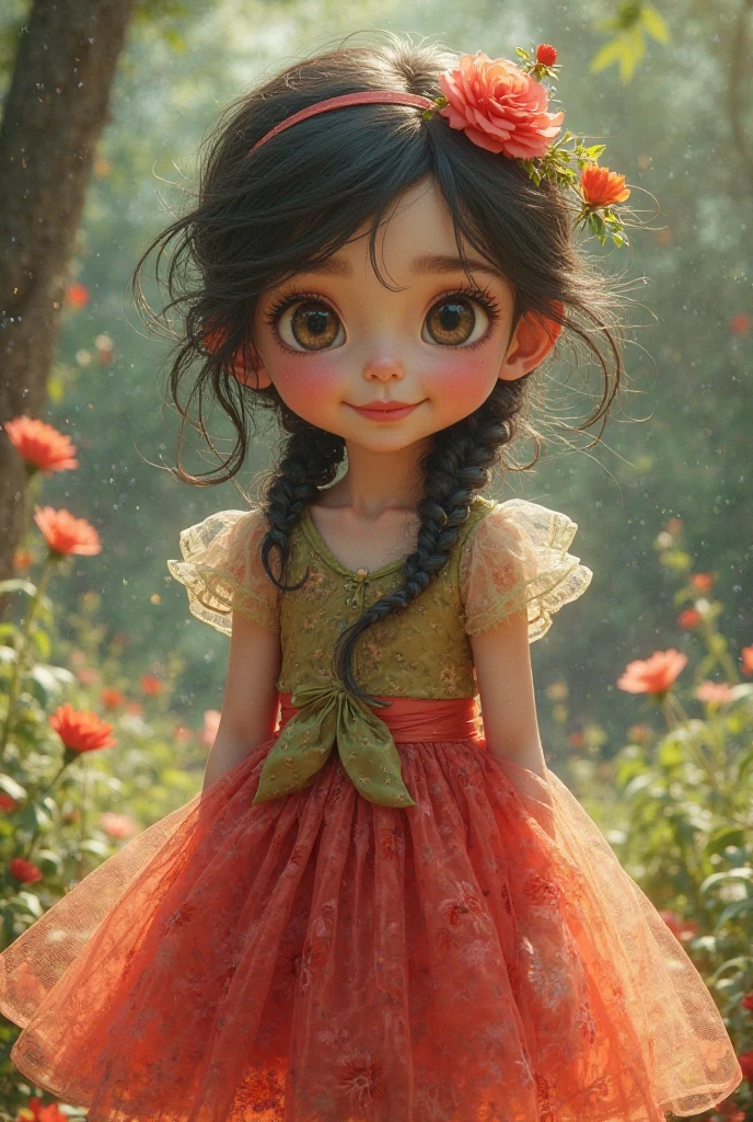 Linda garotinha, feliz e sorridente, com cabelos longos ruivos com lindas mechas douradas e levemente ondulados, de pele branca com um leve tom rosado, com olhos castanhos esverdeados, em um lindo campo florido, com muitas arvores e rosas ao redor, a shower of rose petals,, retrato detalhado, complexidade intrincada, rule of thirds, Sunset, Tinta fosca, luminescente, Artistic Station, arte conceitual, Arte Nova, Ilustrativos, Smooth and sharp focus Highly detailed, Maximalista e Realista.
