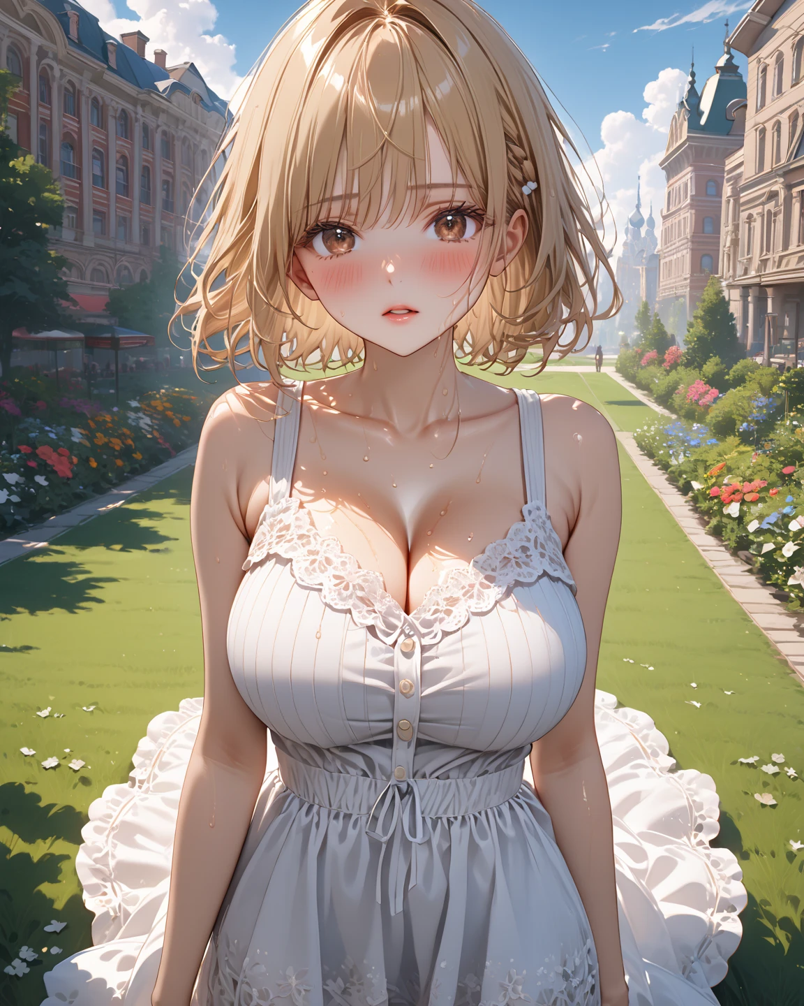 Please follow the all prompts below exactly and faithfully, This is a breathtaking masterpiece of digital illustration, with maximum resolution, UHD, 512K, 2160p, 10 million ppi, 300 million dpi, natural color tones, ultra sharp details, perfect outlines with contrast, ((smooth, soft and clearly and most realistic hair texture)), most beautiful detailed eye features, perfect anatomically correct human body, beautiful background with depth, rule of thirds, depth of field, Maximize all element is used to its full potential to create the best digital illustrations, 1woman, sexy, 25years old, beautiful face sharp, elegant woman, Ultimate perfect body style, beautiful beautiful big breasts, Maximize upturned breasts, green eyes, shiny blonde hair, short hair, bob cut, (eyes visible through hair:1.3), glossy very thick lips, pink lipstick, smile:1.5, BREAK A summer dress with a wide-brimmed hat, a necklace, earrings, and a bracelet, in refreshing colors, with vibrant hues, detailed with polka dots, made of breathable cotton, short sleeves, midi-length, with a cinched waist, pleated skirt, and a square neckline, featuring a bow at the back, with pockets, and a scalloped hem, BREAK Walking in a park with many trees, in front of a huge fountain, with the wind blowing,niji5