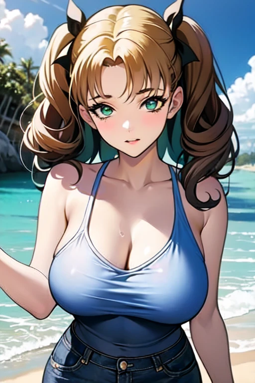 1girl,Alicia Viewsrtream, blonde hair, wavy hair, long hair, red eyes,red lips,bikini,thighs,realistic,reality,hetero, best quality:1.4, intricate details, sharp focus, highres, elaborate atmosphere:0.90, 8K, 4K, UHD, 32k UHD resolution, Ultra Detailed 8K CG, ultra high res, High quality texture, High quality shadows, vivid colors, detailed eyes, depth of field, soft lighting, masterpiece, best quality, intricate, (lens reflection: 0.7), (flowering: 0.7), particle effects, ray tracing, tone mapping, highly detailed, concept art, smooth, sharp focus, dramatic lighting, highly detailed art, trending on Artstation, 8K, amazing shadows, realistic, (highly detailed background: 1.2), oda non style, beach, sea, palms, wind,