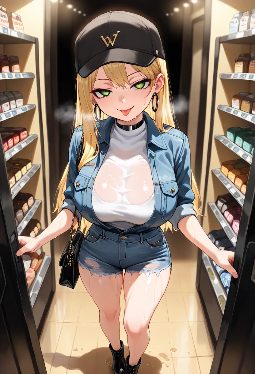 Cinematic lighting、(key light：Front diagonal 45 degrees, fill light、Backlight、shadow、blue and orange color palette), accurate human body、detailed person、Correct five-finger、RAW photo、 4K - ultra-vivid、highest quality, masterpiece, ultra high resolution, (reality: 1.4), 

(((oil skin,sparkling skin、realistic skin texture、detailed beautiful skin、shiny skin、shiny skin)))、


upper body shot, camera angle is low, Depth of the bounds written, Focus on the center, fine eyes, perfect face and eyes、

Convenience store with many products lined up on the shelves、sexy standing pose、((big breasts))、detailed background、detailed writing person、convenience store clerk woman、milf