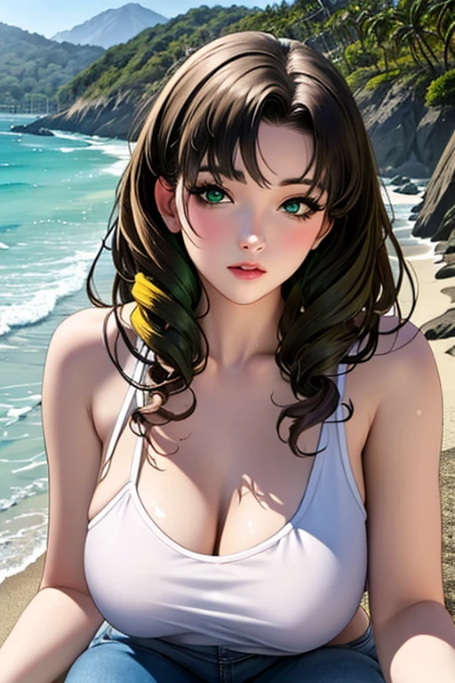 (masterpiece), best quality, beautiful detailed hair detailed face, ultra high res, sharp focus, ((1 woman, solo)), (warm pastel color), high saturation, perfect feminine face, upper body, medium close-up, dutch angle, (at the evening time:1.5), in the beach, sutset, ((beautiful shape eyes, green eyes)), chesnut brown har, long hair, smiles, (colorful bikini:1.2)