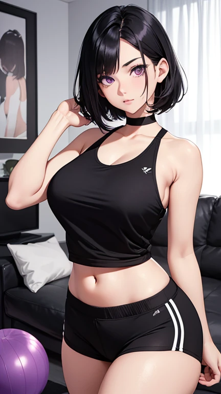 Realistic, One girl, beauty, Small breasts, young, 16 years old, Half Body, Black Short Hair, Glowing Skin,Smile and be shy, Asymmetrical bangs, In the bedroom, Long eyelashes, Round eyes, A light smile, Redness in the ears, Underarm, Sexy lips, sweaty body and Underarm, Cute black ultra-thin tank top, naked
