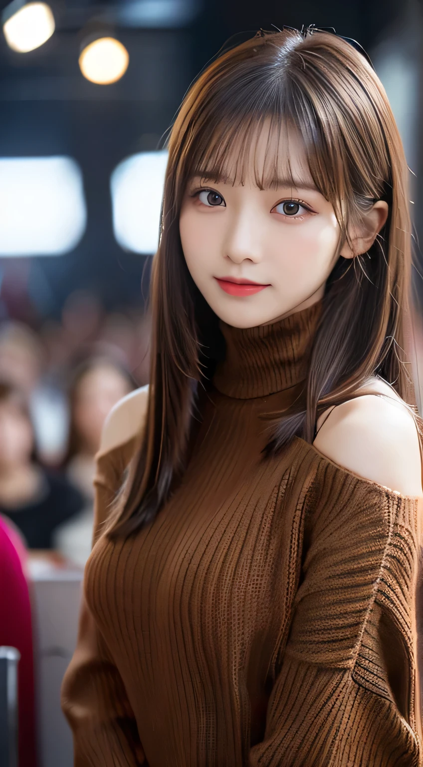 (8k,masterpiece, RAW Photos,highest quality:1.4),(Photorealistic:1.2),(extremely Detailed face),(Shiny skin),(Fine skin),(Detailed face),(Very beautiful face),1 girl,Looking at the audience,Japanese Idols(actress), Brown Hair,Medium Hair,Straight hair,Asymmetrical bangs,smile,Glamour,Big Breasts, (Fleece jacket, Turtleneck sweater, Pleated skirt:1.2), Christmas Market,High position,Professional Lighting、Squat down with your feet wide open facing forward、Panties are white