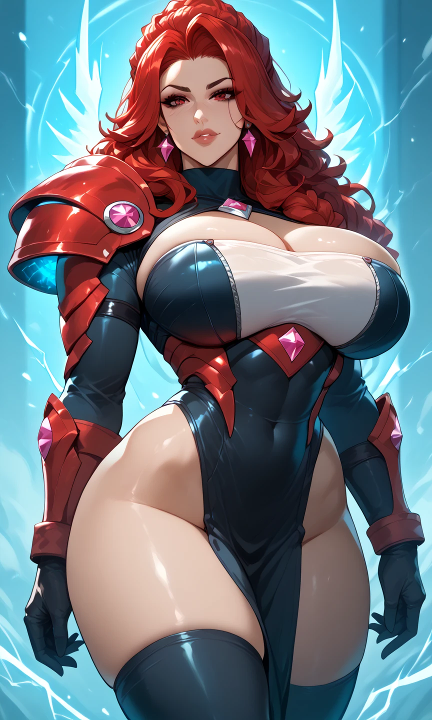 (masterpiece, top quality, best quality, official art, beautiful and aesthetic:1.2), (1girl:1.3), (masane amaha), ((witchblade)), (red hair), extremely detailed, portrait, long hair, looking at viewer, solo, (full body:0.6), detailed background, close up, yellow eyes, (cool space ship theme:1.1), (((beautiful skin, clawed fingers))), charlatan, sinister smirk, mysterious, in a spaceship, (witchblade armor), (black sclera), black leather, long boots, collar, sleeveless, black latex, ((((large breasts, cleavage, skindentation)))), slim waist, slim hips, long legs, futuristic background, dark mysterious lighting, shadows, magical atmosphere, dutch angle, (Aletta ocean face)