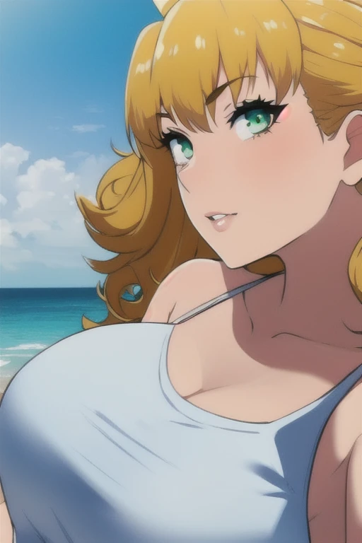 (detailed background), (masterpiece), (4k), (best quality), tan skinned anime girl, dressed in a cute bikini top and flowy skirt, curled up in a peaceful slumber on a grassy hill, her hand pressed against her stomach in discomfort.
