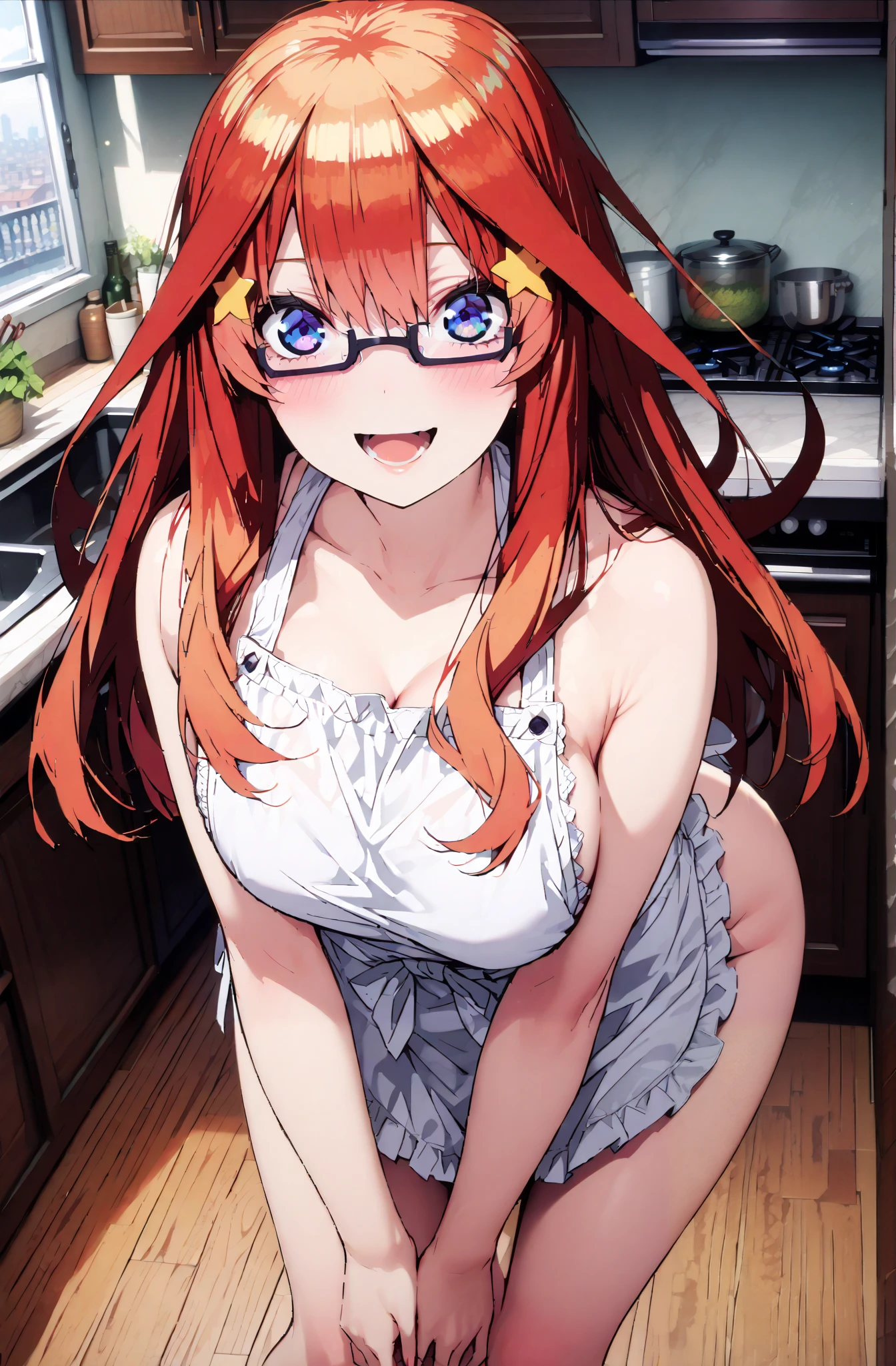 Nakano Mizuki , long hair, blue eyes, hair ornament, red hair, glass, stupid hair, star (  symbol ),  half-rimless glasses, rim under eyewear, star hair ornament,Big Breasts, The Valley of the Chest,smile,cover,open your mouth,is embarrassing,naked apron,Bare legs,bending forward,lift your chest with both hands,Beautiful cityscape,Beautiful Scenery,is standing,full bodyがillustrationに入るように,break indoors,kitchen,
break looking at viewer,full body,
break (masterpiece:1.2), best quality, high resolution, Unity 8k Wallpaper, (illustration:0.8), (beautiful detailed eyes:1.6), very detailed face,  so that it fits into the illustration, extremely detailed CG, (curved body, perfect anatomy from a shellfish),
