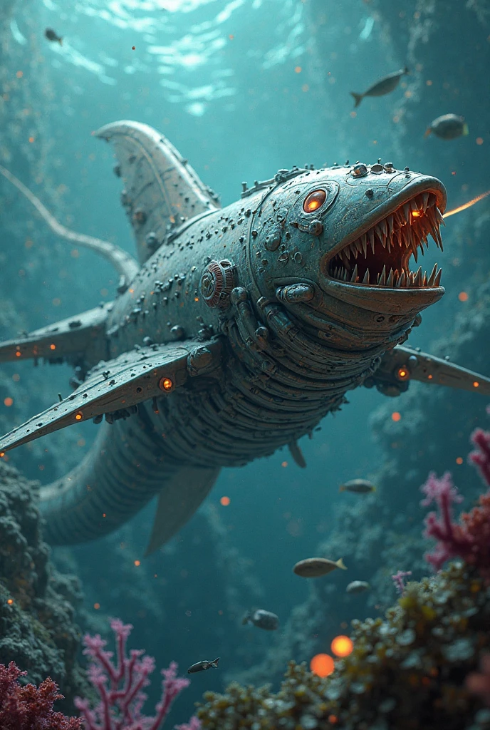 (medium full shot) of (peculiar silver aquatic creature) with mottled skin, shell-like armor, tentacle-like fins, fangs, additional fins, luminescent eyes, adorned with ancient barnacles, set in a mystical sunken ship, with hidden chambers, glowing flora, tranquil ambiance, hidden beauty, during twilight, Masterpiece,best quality, photo, realistic, very aesthetic,