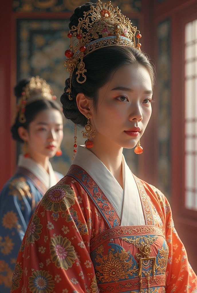 Chinese actress Ruyi Den's Jo Shun (Zhou Xun) similar face Qing Dynasty empress seen from the front full body empress red costume open and out large chest hair deep cunt.
Nudity.
Hair style of Chinese empress with large crown, hair parted from center of forehead to left and right, tied back, hair tied up with ornamental hair, outside stone tatami of Chinese palace of Qing Dynasty.