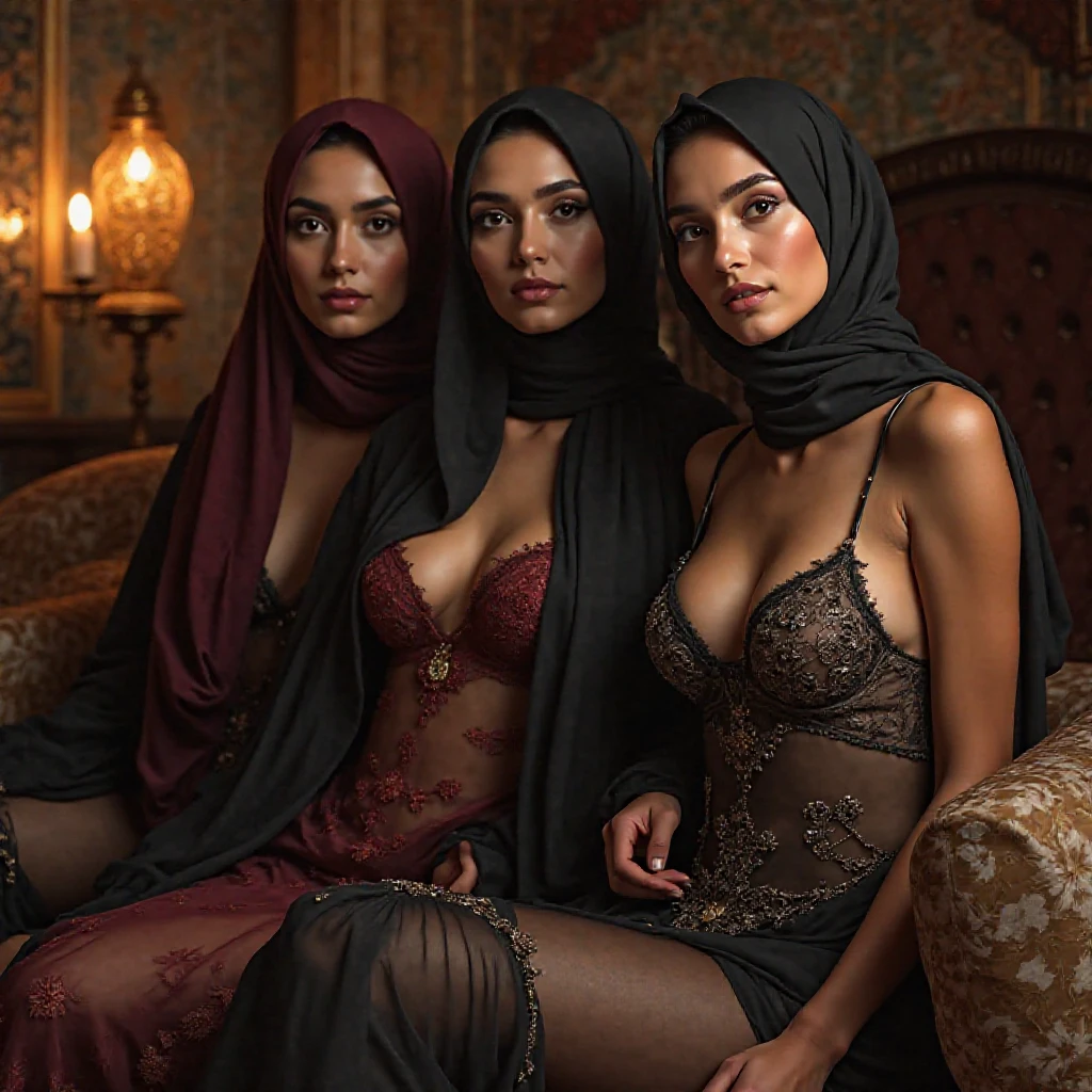 (beautifull indonesian and her sister with very breast, wear detail luxury hijab), (boob stack), (detail sexy kebaya) ,(strapless bra), (elegant pose), (show cleaveage), (show underboobs) , (show sideboobs), (show thigh), (detailed underboobs ornament), (detail hips ornament), expensive detailed necklace, flower vase, (very large breast:1,9), sex house background, detail house background, detail luxury floor, detail flower vase, detail luxury table, detail luxury stair, detail luxury lamp, beautifull face, pretty face, beautifull eyes, beautifull nose, sexy lips, polished nails, raytracing, nsfw, beautifull fingers, beautifull hands, sexy belly, sexy body, sexy shoulders, sexy legs, sexy hips, (luxury bracelet), (luxury ring), (luxury necklace), black nails , blue eye, (nipples), nsfw, (4 fingers in 1 hand), white skin, full body picture, pretty makeup, blush, body tattoo,masterpiece, best quality:1.2),,(8k,highres,RAW photo,realistic,photo-realistic:1.3),(detailed skin texture,detailed cloth texture,beautiful detailed face:1.25),professional lighting,photon mapping,beautiful soft light,radiosity,physically-based rendering,raytracing, model shoot style, model shoot style, (extremely detailed CG unity 8k wallpaper), full shot body photo of the most beautiful artwork in the world,