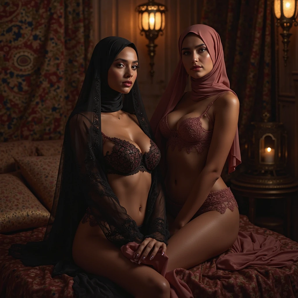 (((Full naked and nude))) (beautifull indonesian and her sister with very breast, wear detail luxury hijab), (boob stack), (detail sexy kebaya) ,(strapless bra), (elegant pose), (show cleaveage), (show underboobs) , (show sideboobs), (show thigh), (detailed underboobs ornament), (detail hips ornament), expensive detailed necklace, flower vase, (very large breast:1,9), (best quality,highres:1.2),ultra-detailed,realistic,portrait,high fantasy,sexy busty Malaysian woman(age 40),jewel inlaid hijab, jewel encrusted translucent lingerie,tames a devil by casting a very flashy spell,arcane chamber,well-lit room,vibrant colors,exquisite details,seductively poses,confident expression,mesmerizing eyes,long wavy hair,fine jewelry,ornate tattoos,chiseled features,soft skin,golden light,elaborate spell casting,richly decorated surroundings,enchanted atmosphere,mythical creatures in the background,elaborate tapestries,handsome yet sinister devil,subdued black and red color scheme,gentle candlelight,Northern European architecture,ethereal shimmer,curved horns,dark wings,burnished scales,dangerous yet alluring presence, realistic analog photo, award winning photo,