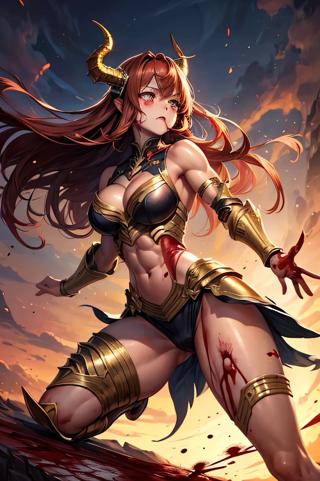 A beautiful girl battleslave is beaten to death by her opponent's knuckle in an ancient Roman coliseum. She is covered in blood. Covered in scars. Covered in sweat. Short of breath. Muscular. Thinly clad. Erect nipples. Bandages on her knuckles.