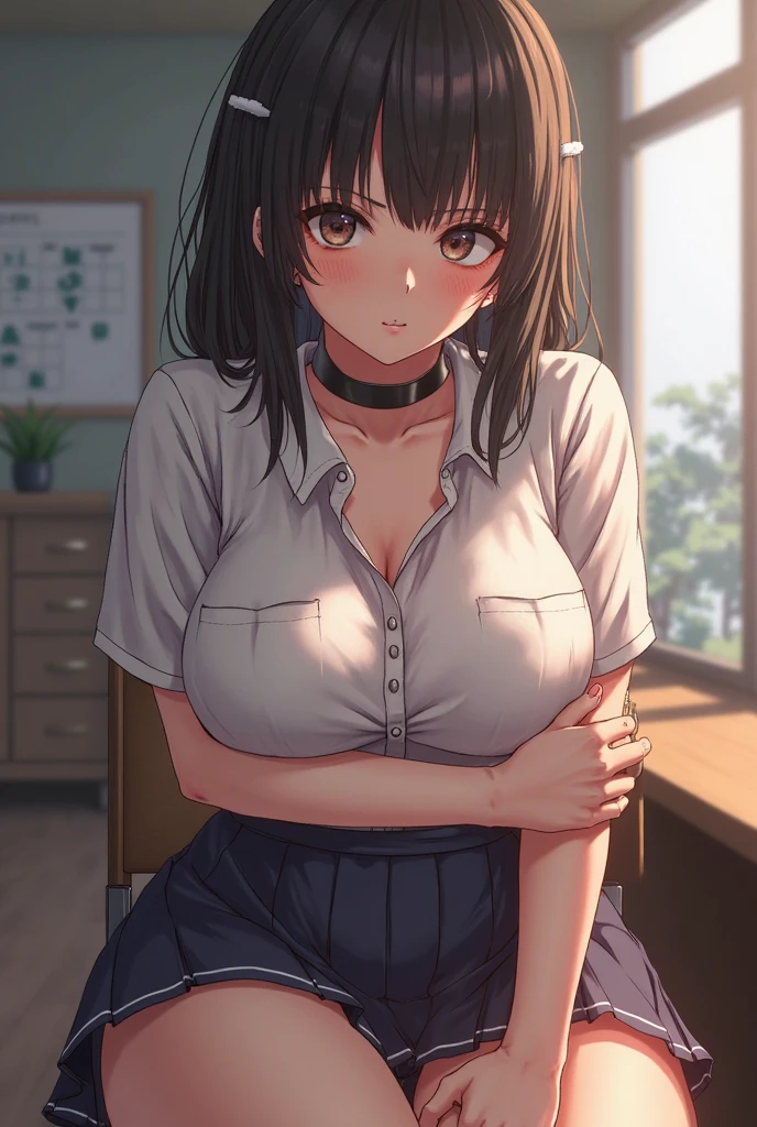 8k wallpaper,masterpiece,highest quality, figure,cowboy shot,(1 female), solo, 20-year-old、brown semi-long, brown eyes、break（wearing a cardigan）, Glasses、open cardigan, （sarah&#39;s clothes）, （pleated skirt）,white knee high socks,red frame glasseedium chest、cleavage:1.1）,BREAK（Standing with your crotch open:1.5）,（thighs thighs thighs_Absolute area）,BREAK（pantyhose）,up shirt,BREAK（(hold a tablet with both hands）,（Show your audience your tablet screen)）,（​masterpiece）,highly detailed face,perfect lighting best color,Colorful,finely,Natural voluminous lighting and the best shadows,deep い is written in the depth of the world