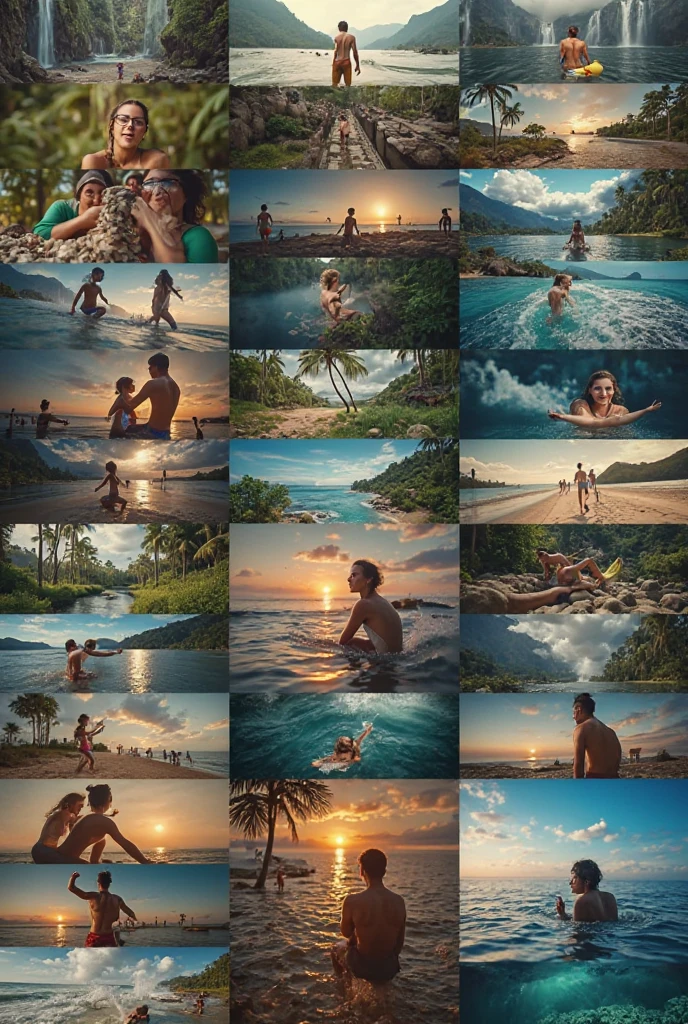 crowd of people dressed only in swim suits, looking on smartphones on beach, water, sitting, standing or laying, color, children, adults, man, woman, future times, child with smartphone in front of picture, sunny day, clouds, real photo
